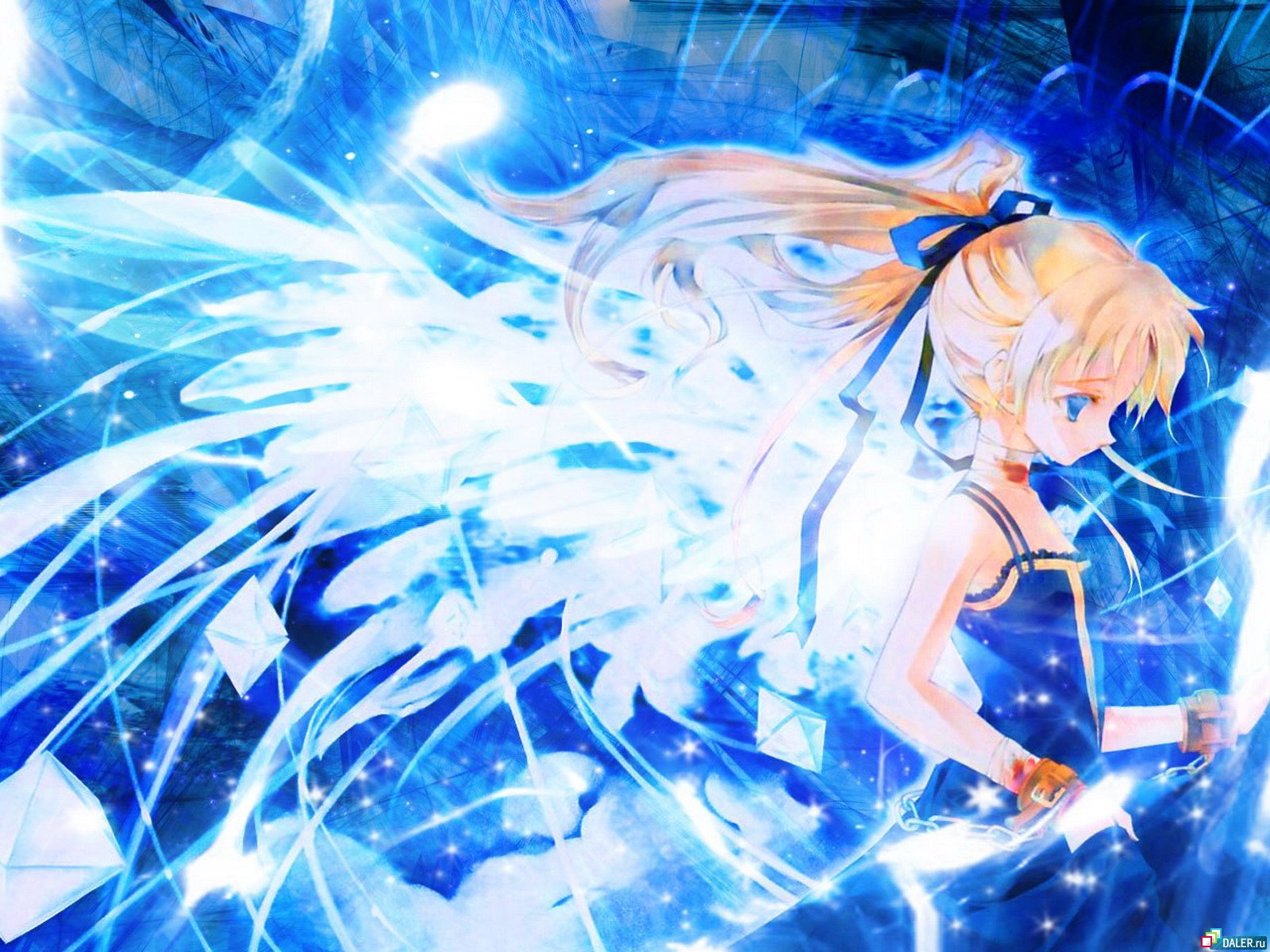 Anime girl with blonde hair and blue dress against a blue and white abstract background with light streaks