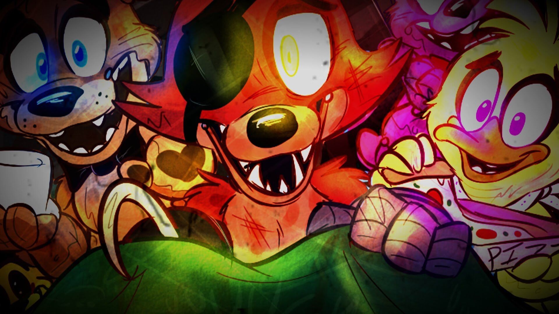 A vibrant illustration of several Five Nights at Freddy's characters, including Foxy, Chica, Bonnie, and Freddy Fazbear, gathered together. The characters appear excited and playful, possibly during a party or celebration within the pizzeria setting
