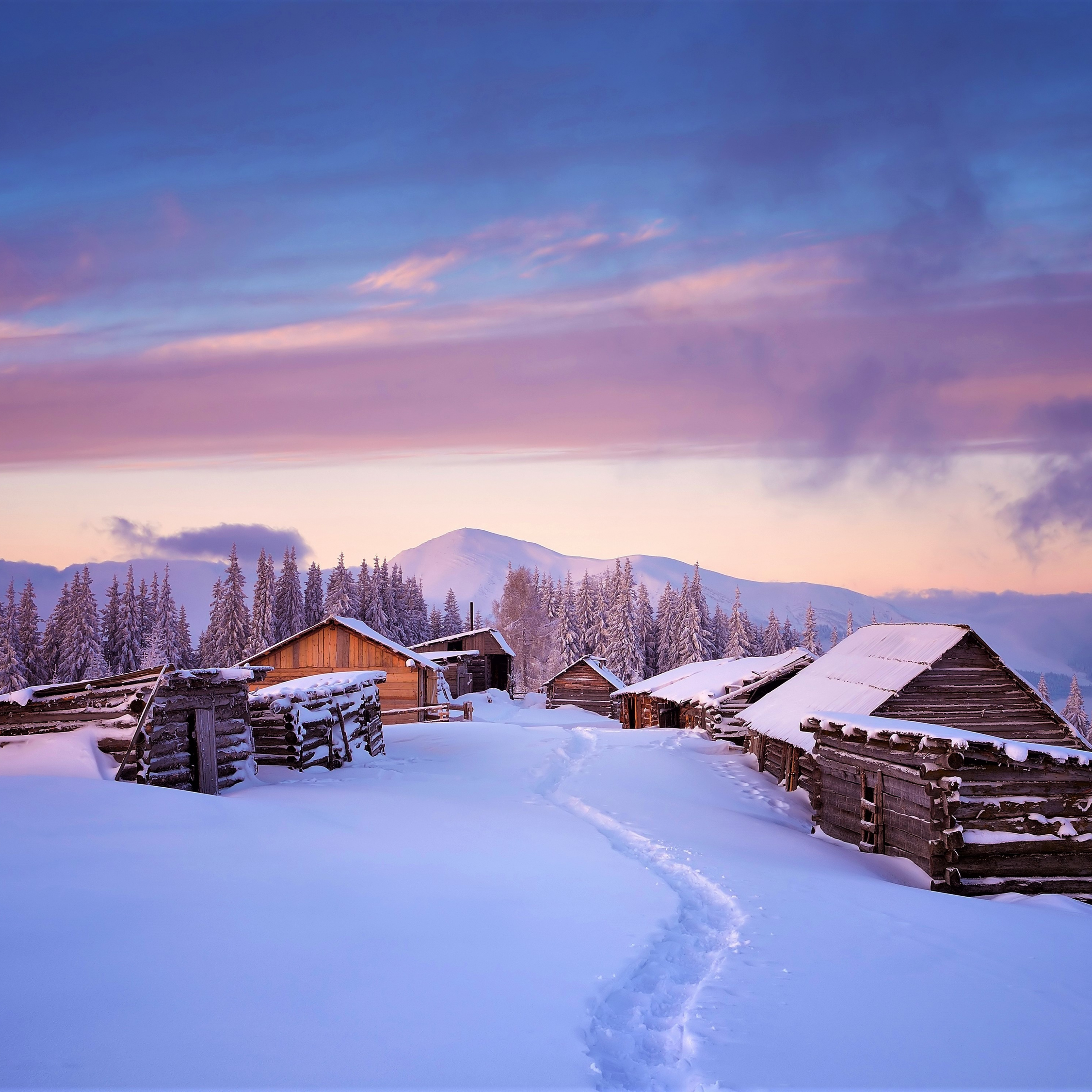 Download houses winter landscape sunset 2932x2932 wallpaper