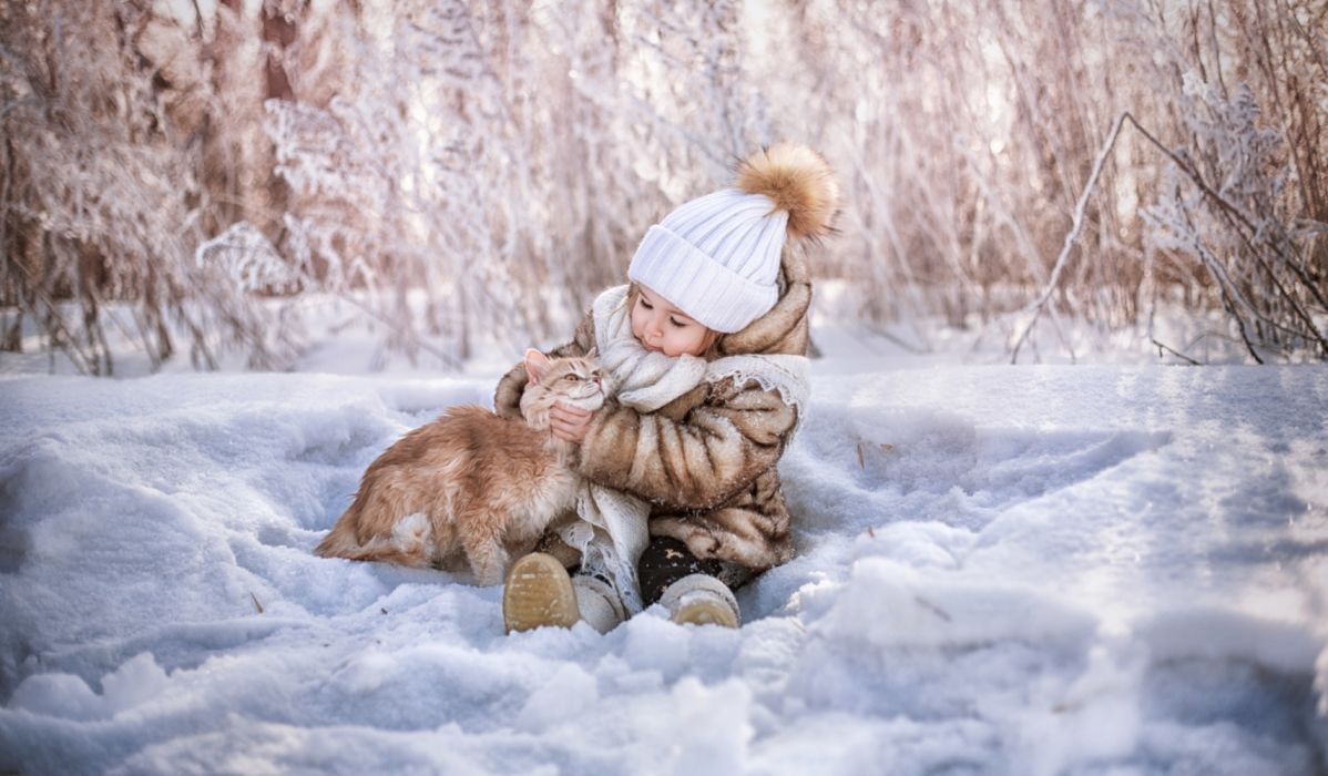Cat Child Girl Hat Little Pet Snow Winter Wallpaper