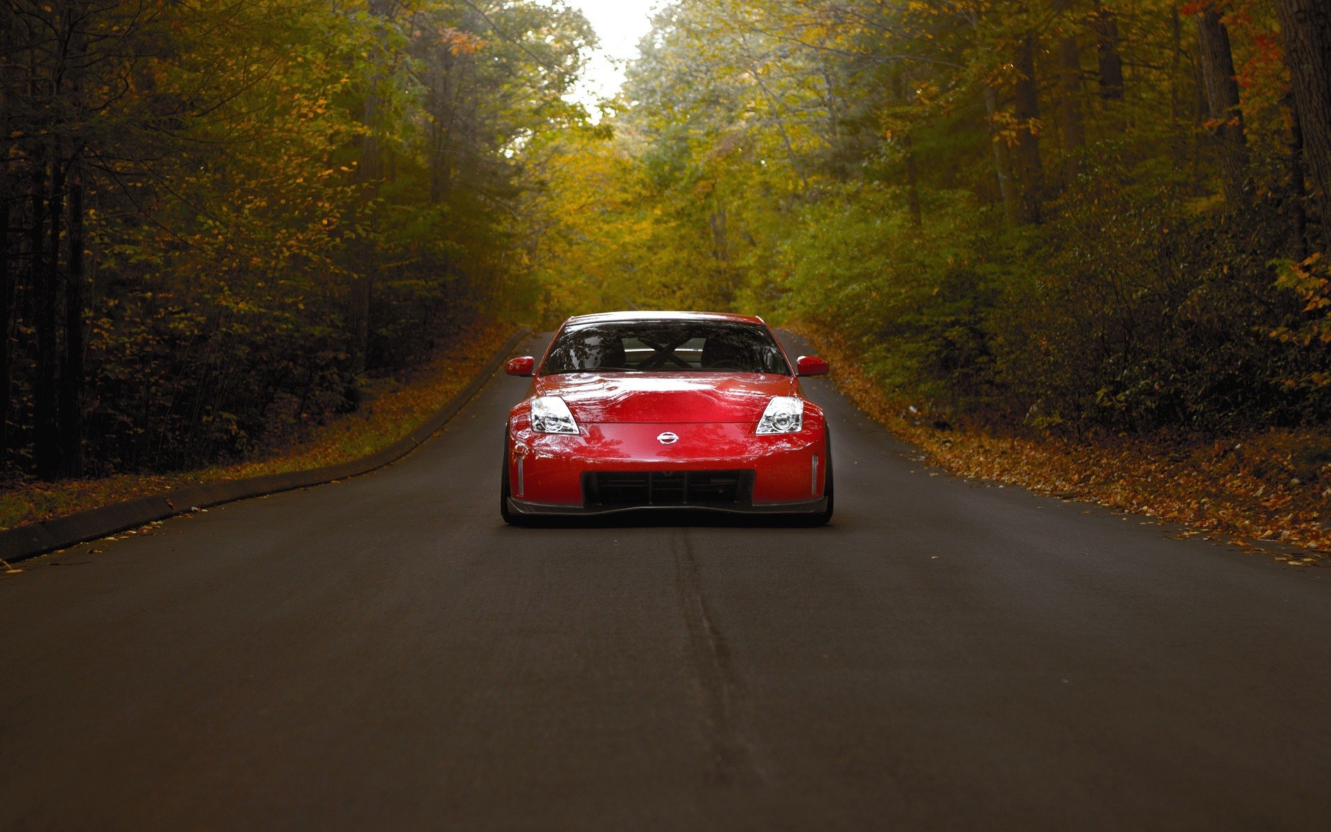 Nissan 350z Red Car Road Fall Forest HD Wallpaper