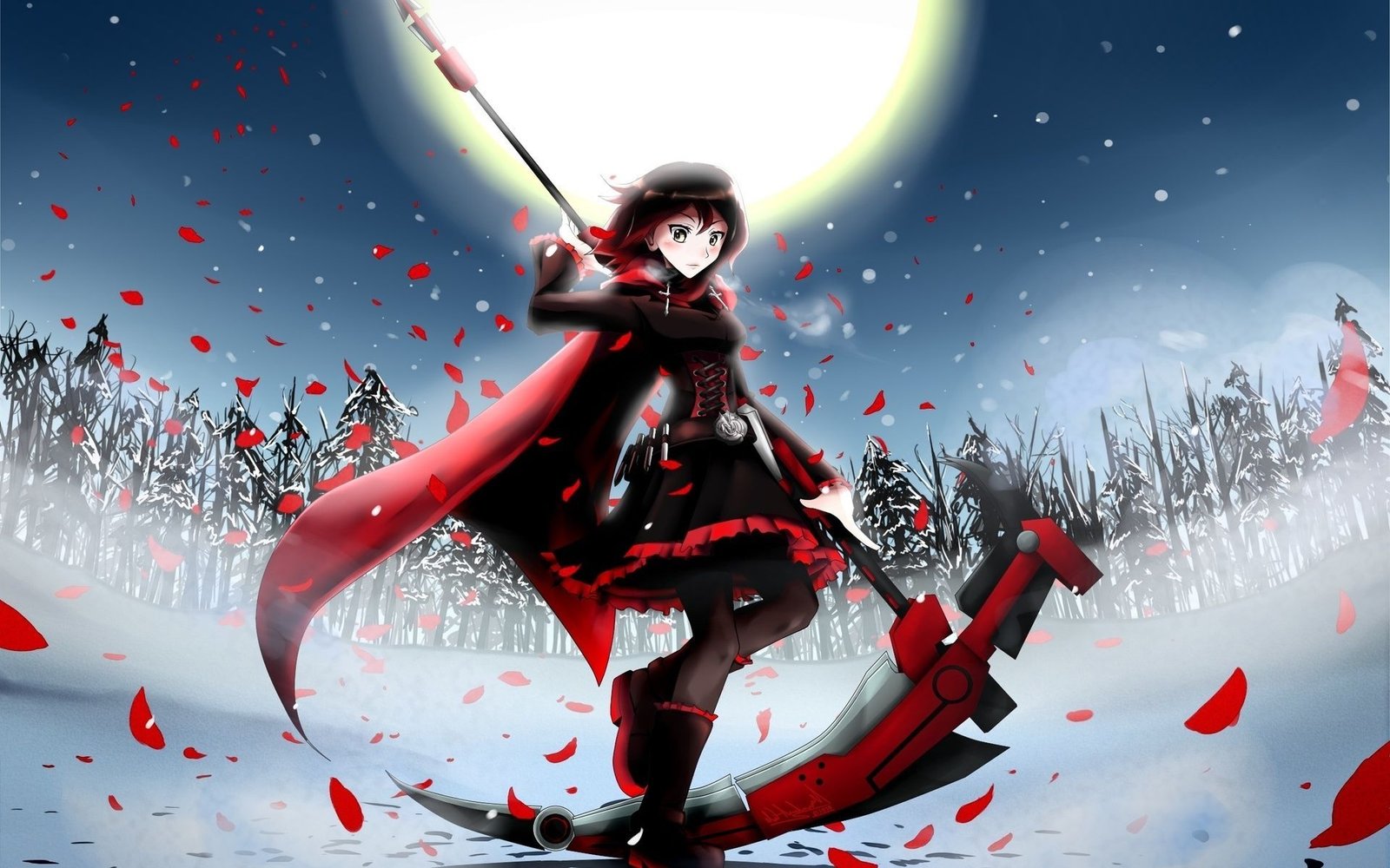 A dynamic digital artwork featuring Ruby Rose from RWBY, wielding her Crescent Rose weapon against a backdrop of a snowy forest and a large moon. Red rose petals fall around her, adding a dramatic flair