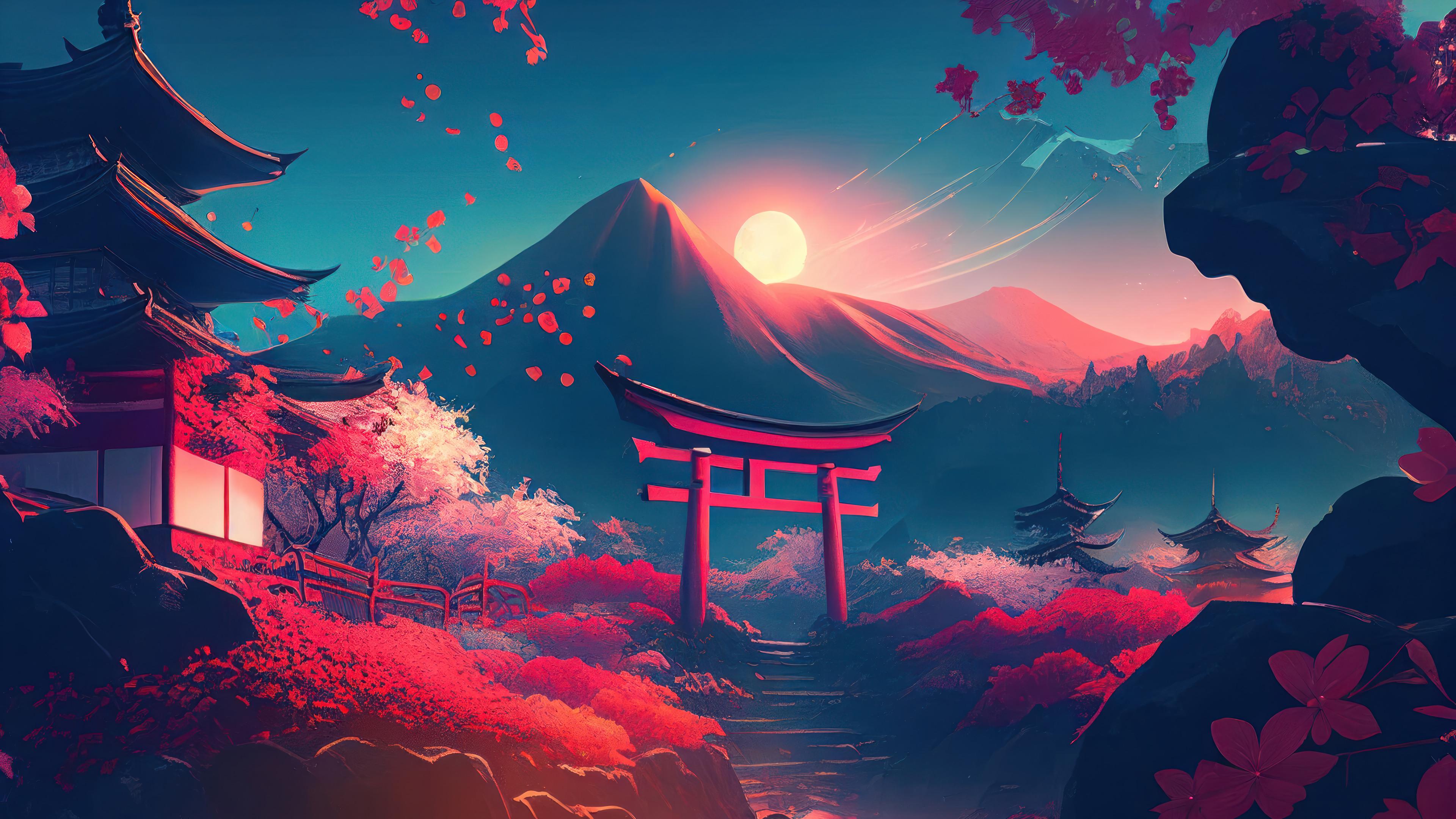 Japanese Castle Cherry Blossom Mountain Art 4k Wallpaper iPhone HD