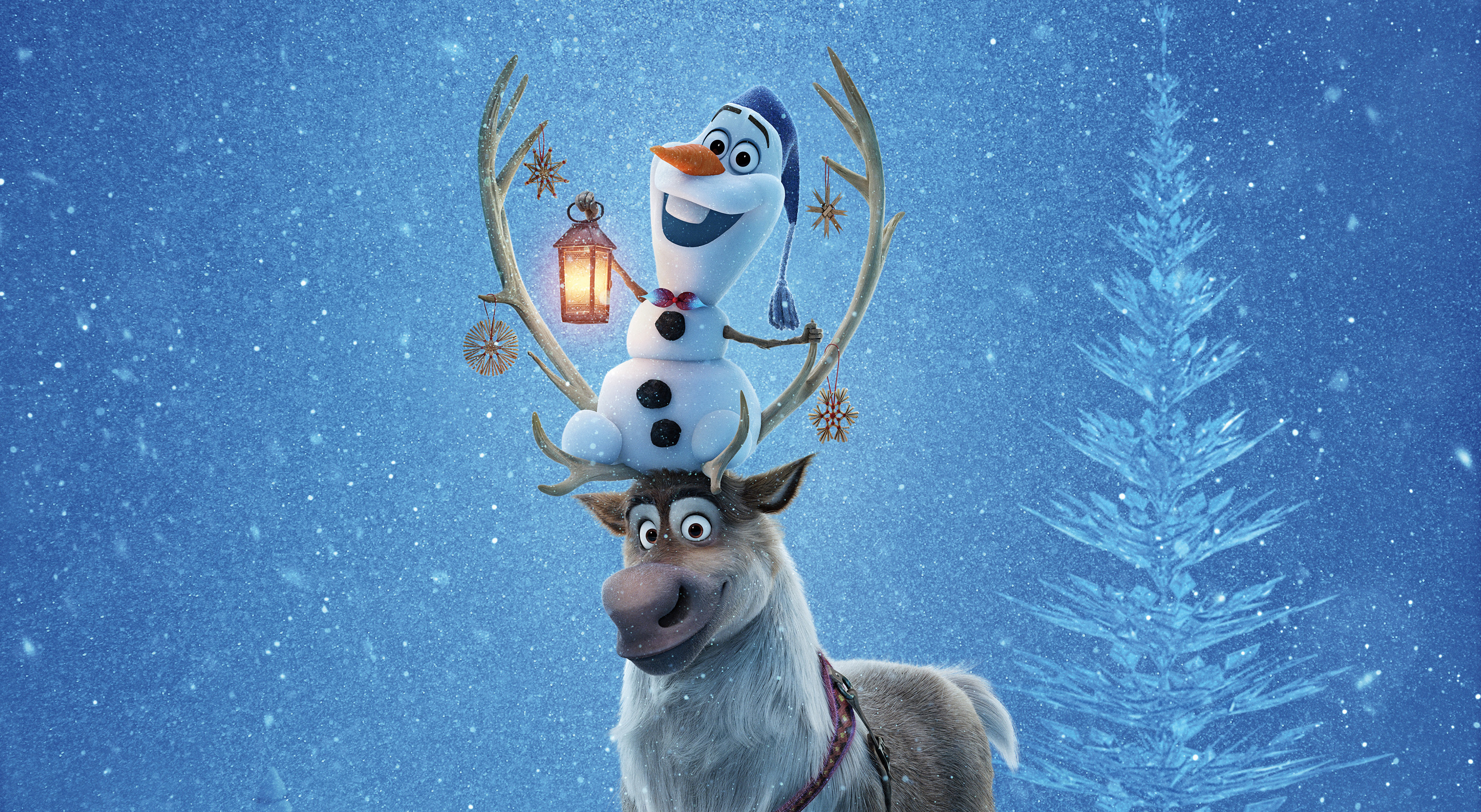 Olaf the snowman sits atop Sven the reindeer's antlers, holding a lantern, against a snowy backdrop with a stylized Christmas tree