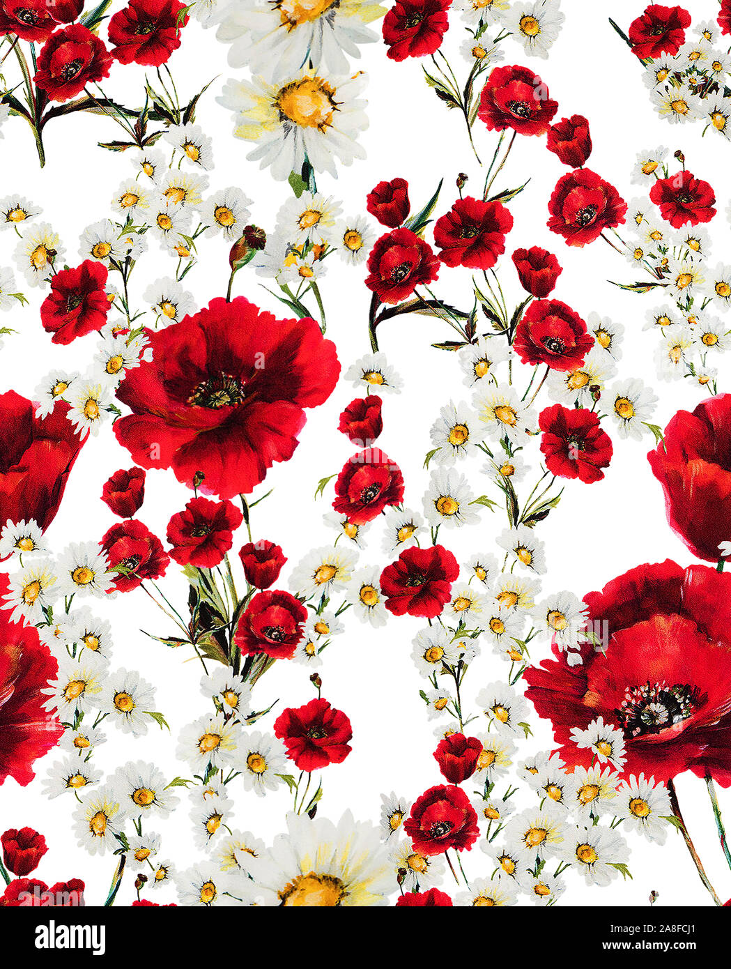 Seamless Floral Pattern With Of Red Flowers And White Daisy On