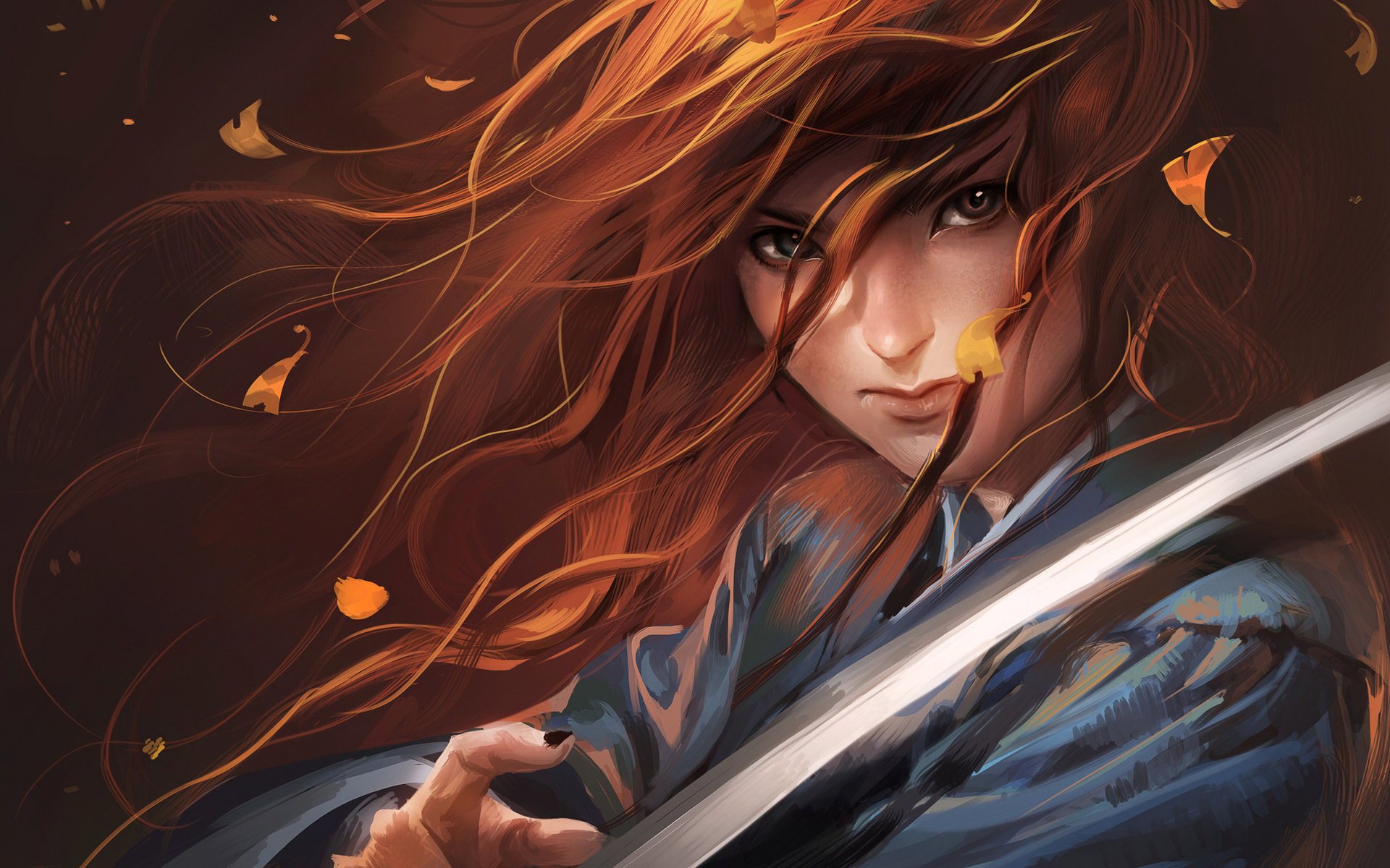 Anime girl with flowing red hair and a katana
