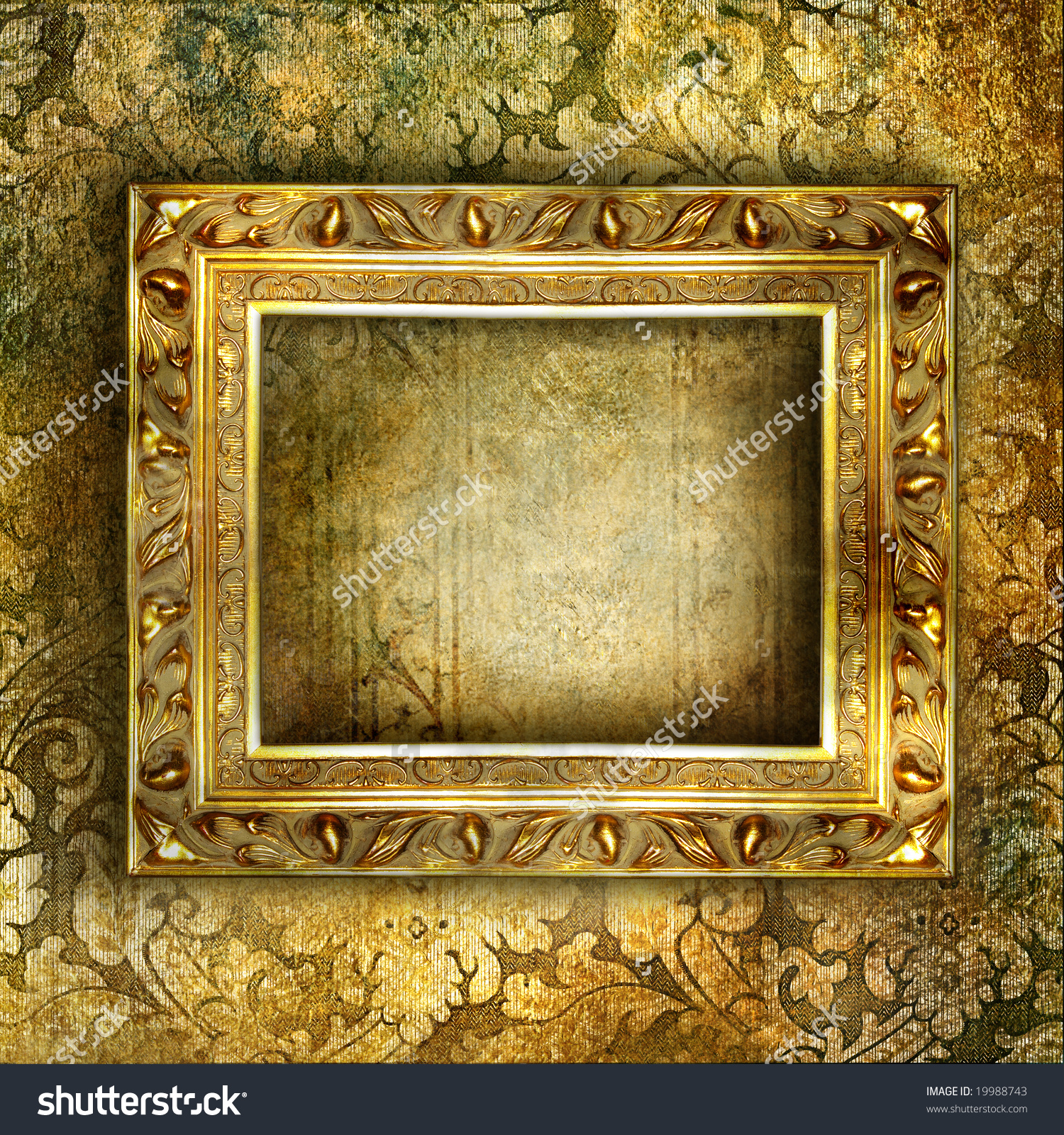 Empty Antique Golden Frame Over Old Wallpaper Stock Photo