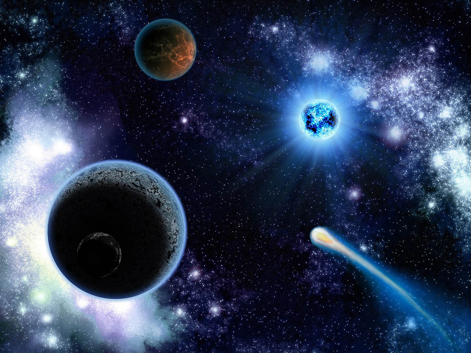 A breathtaking view of outer space with planets, a comet, and a bright blue star