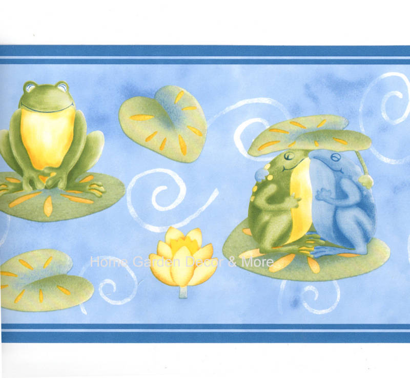 Sky Green Frog Froggy Yellow Water Lily Pads Wall Paper Border