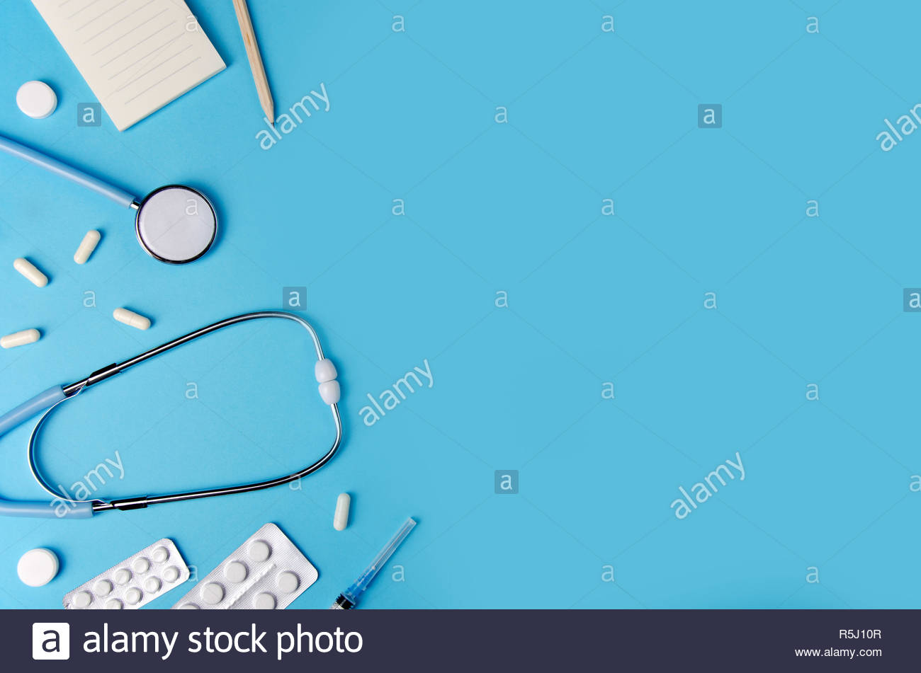 Medical Concept Blue Background Doctor S Desk With Instruments