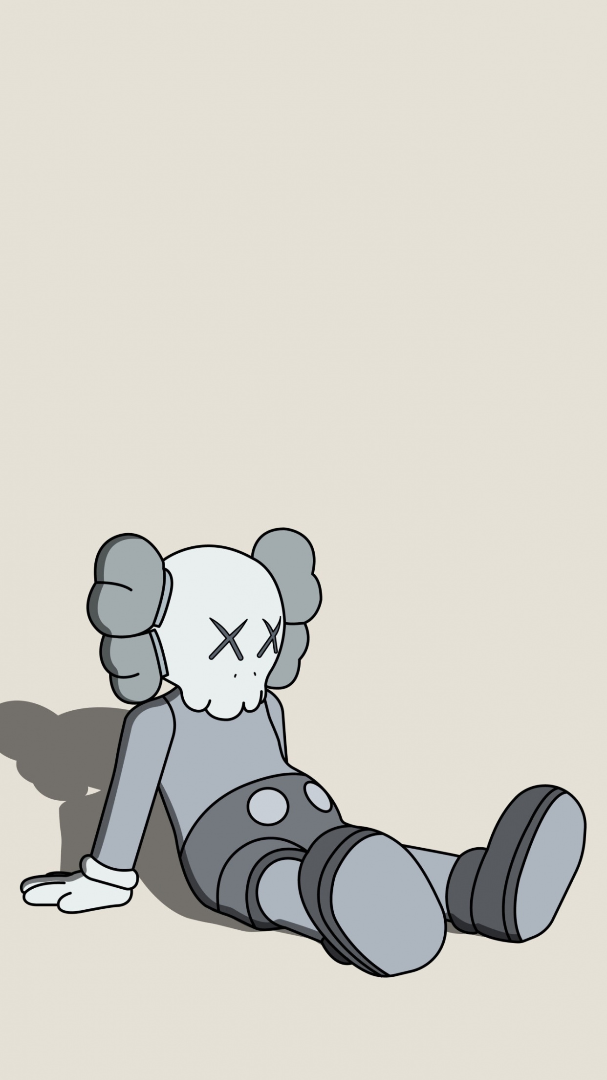 A grayscale illustration of a Kaws Companion figure sitting on the floor, showcasing its signature X's on its face and minimalist design