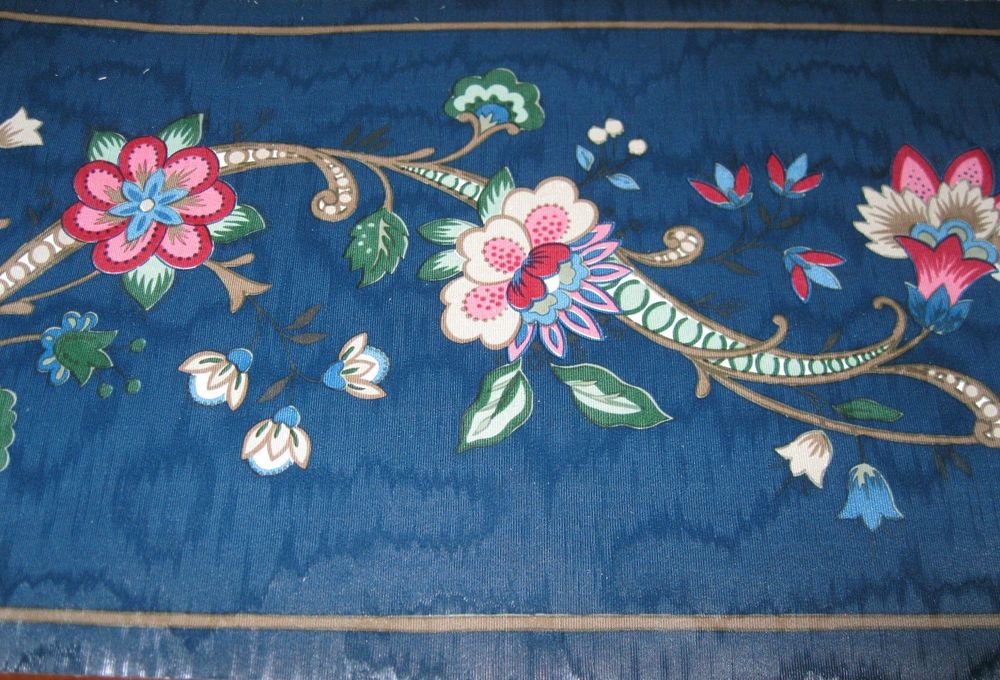 Jacobean Floral Flower Navy Blue Satin Moire Wallpaper Border Eh00154