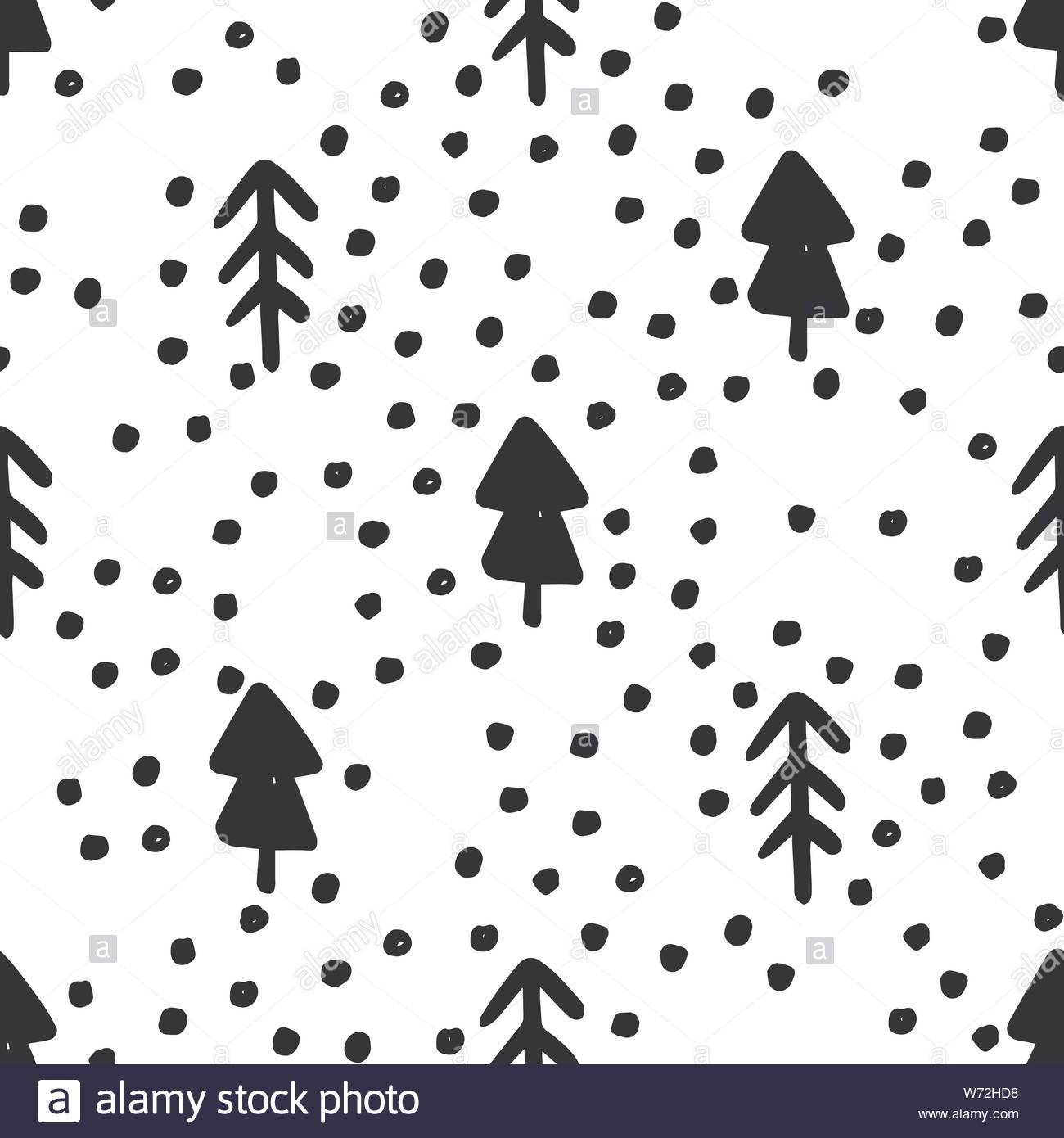 Hand Draw Christmas Tree Seamless Pattern Black And White Colors