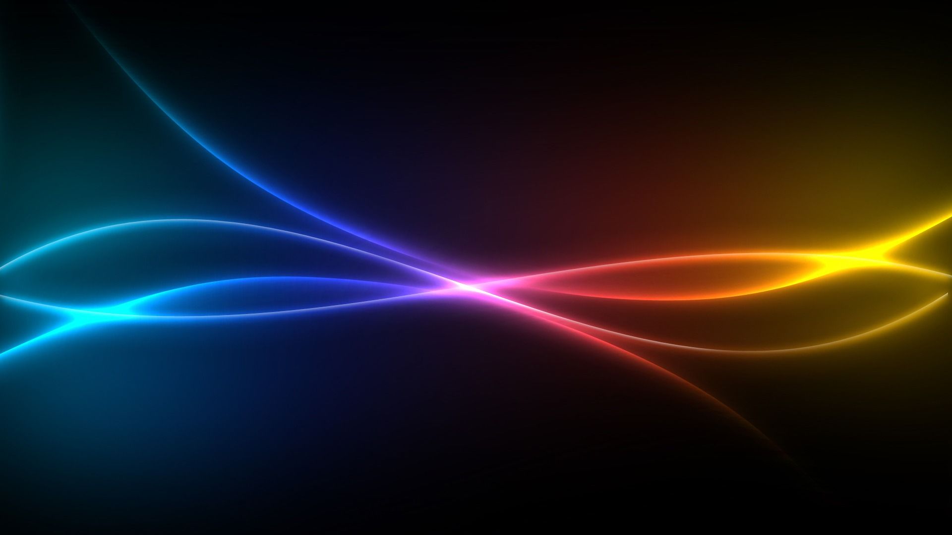 Abstract image with flowing lines of vibrant blue, orange, and yellow light against a dark background
