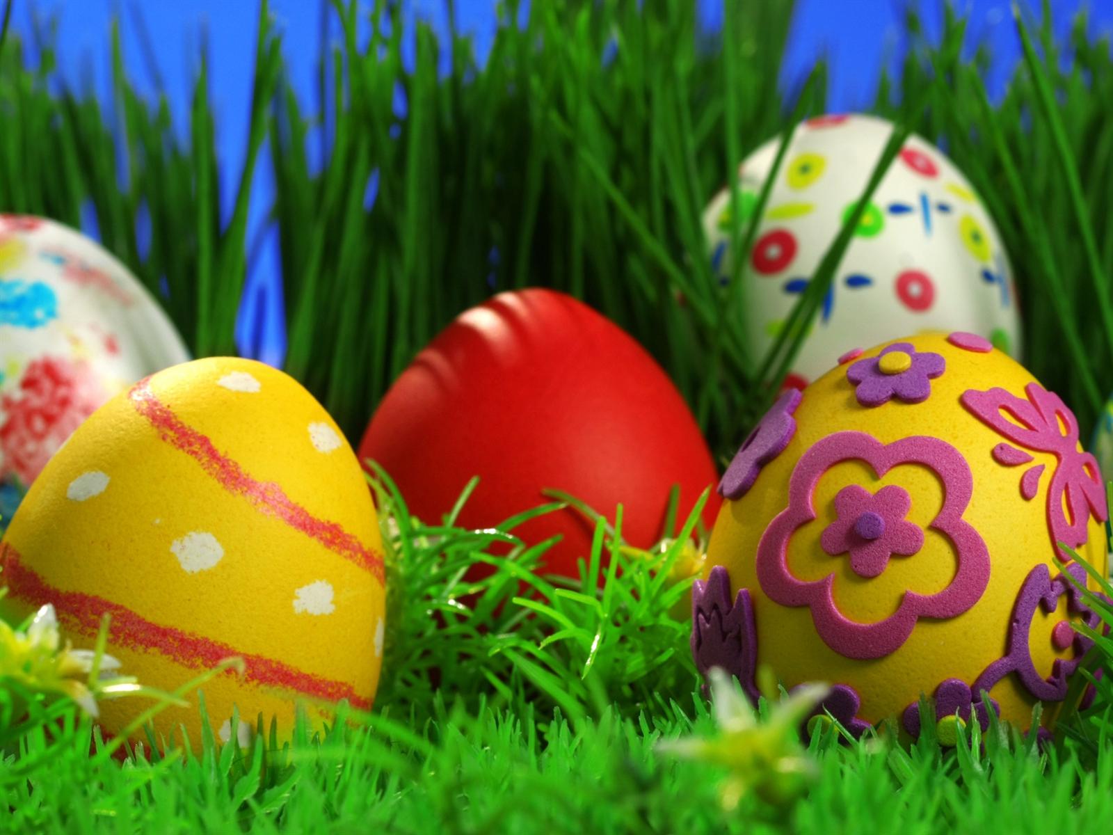 Colorful Easter Eggs On Grass