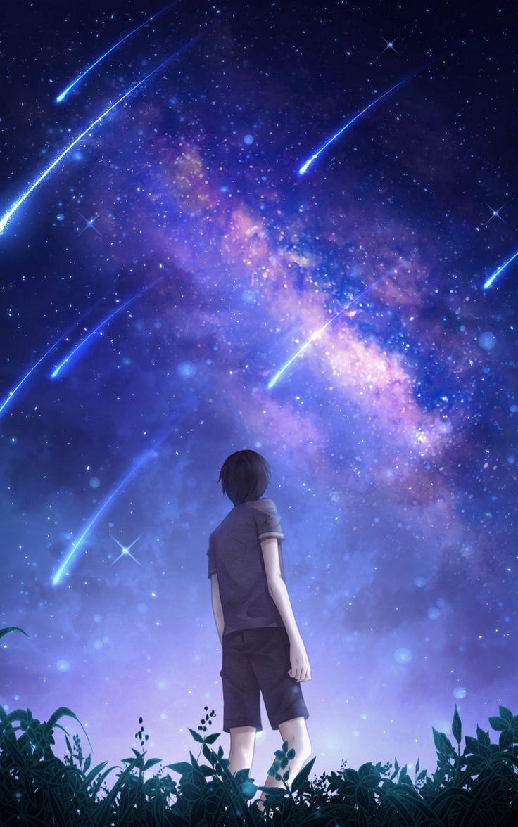 Wallpaper starry sky silhouette art night starfall meteors
