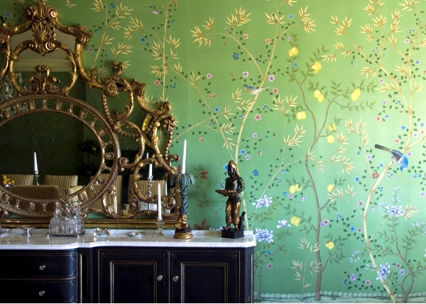 Hand painted Chinese silk wallpaper with Chinoiserie floral pattern