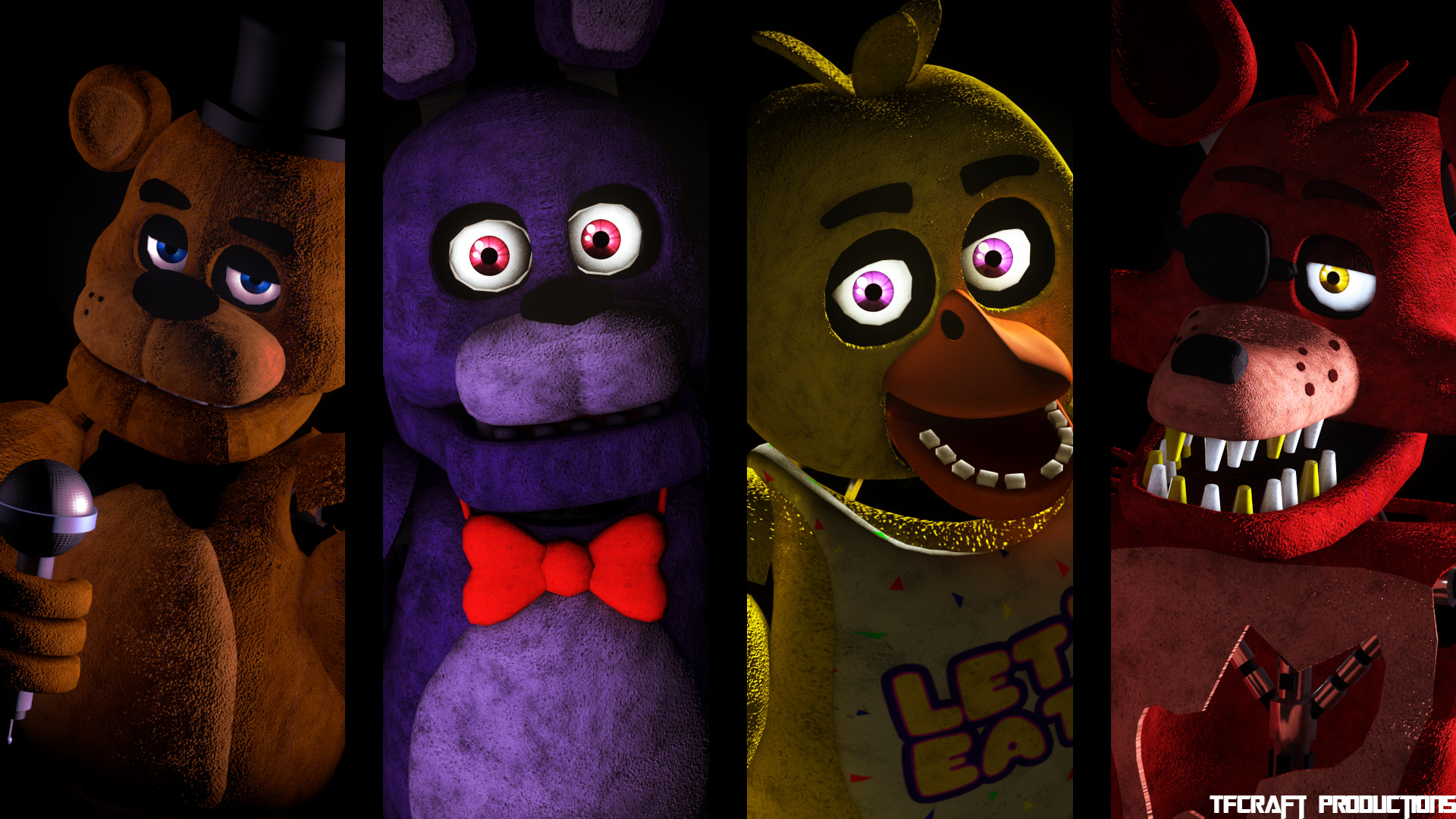 Four animatronic characters from the Five Nights at Freddy's (FNAF) video game series, featuring Freddy Fazbear, Bonnie the Bunny, Chica the Chicken, and Foxy the Pirate Fox