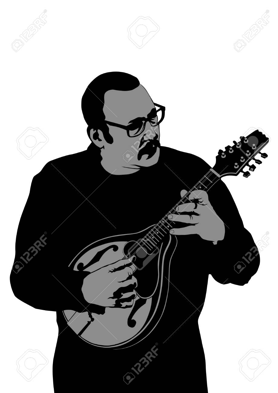 A Man Playing With Mandolin On White Background Royalty