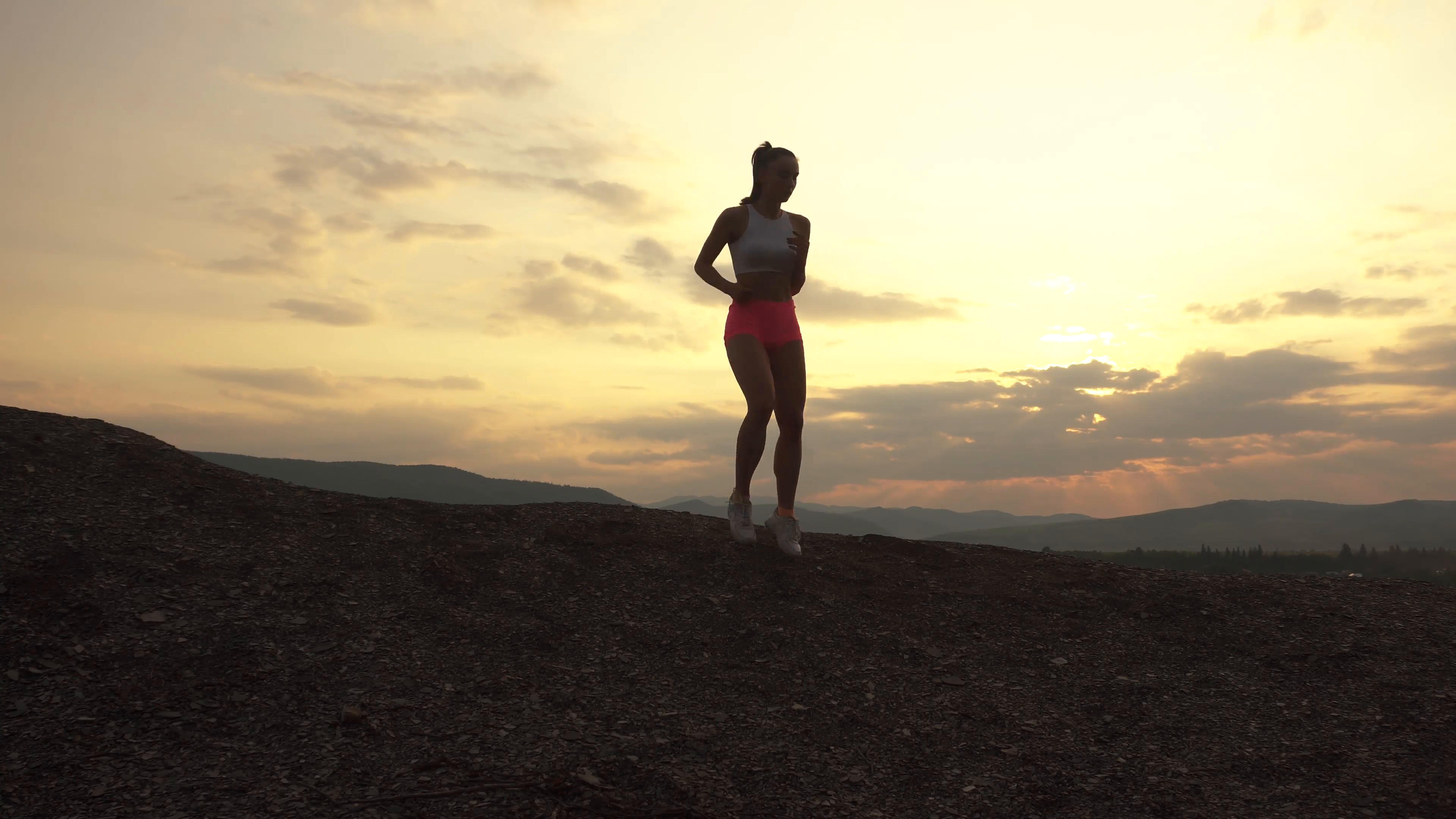 Silhouette Of Fit Woman Runner With Perfect Muscular Body Jogging
