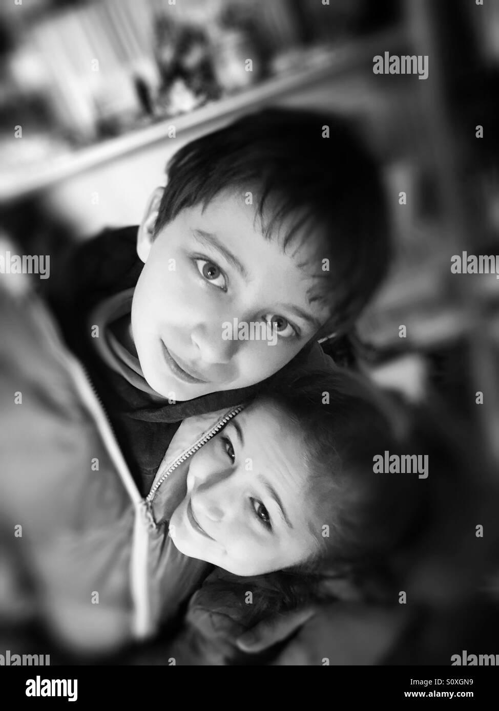 Brother sister hugging Black and White Stock Photos Images   Alamy