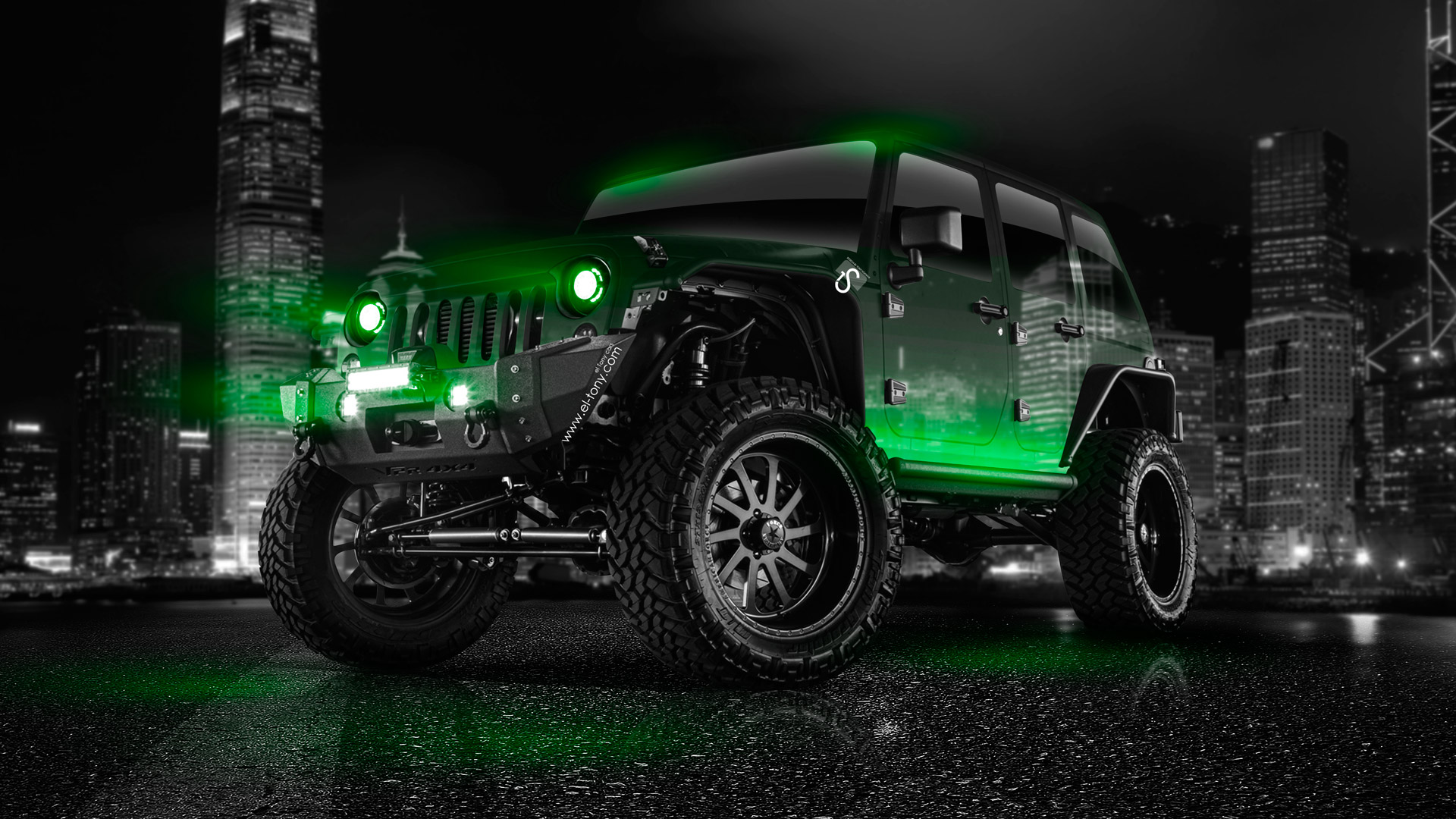 Jeep Wrangler Crystal City Car Green Neon HD Wallpaper Design By