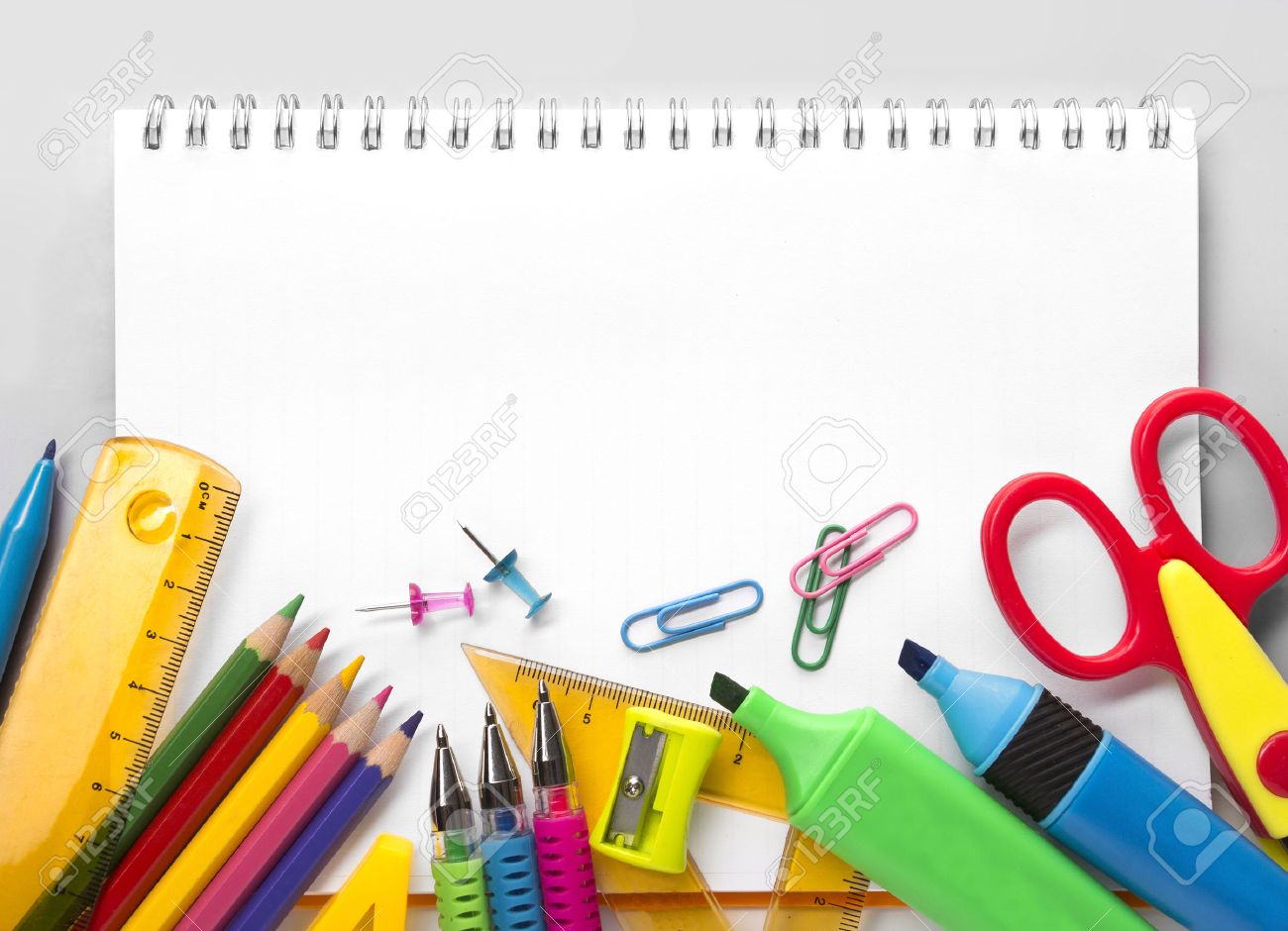 School Supplies On White Background Ready For Your Design Stock