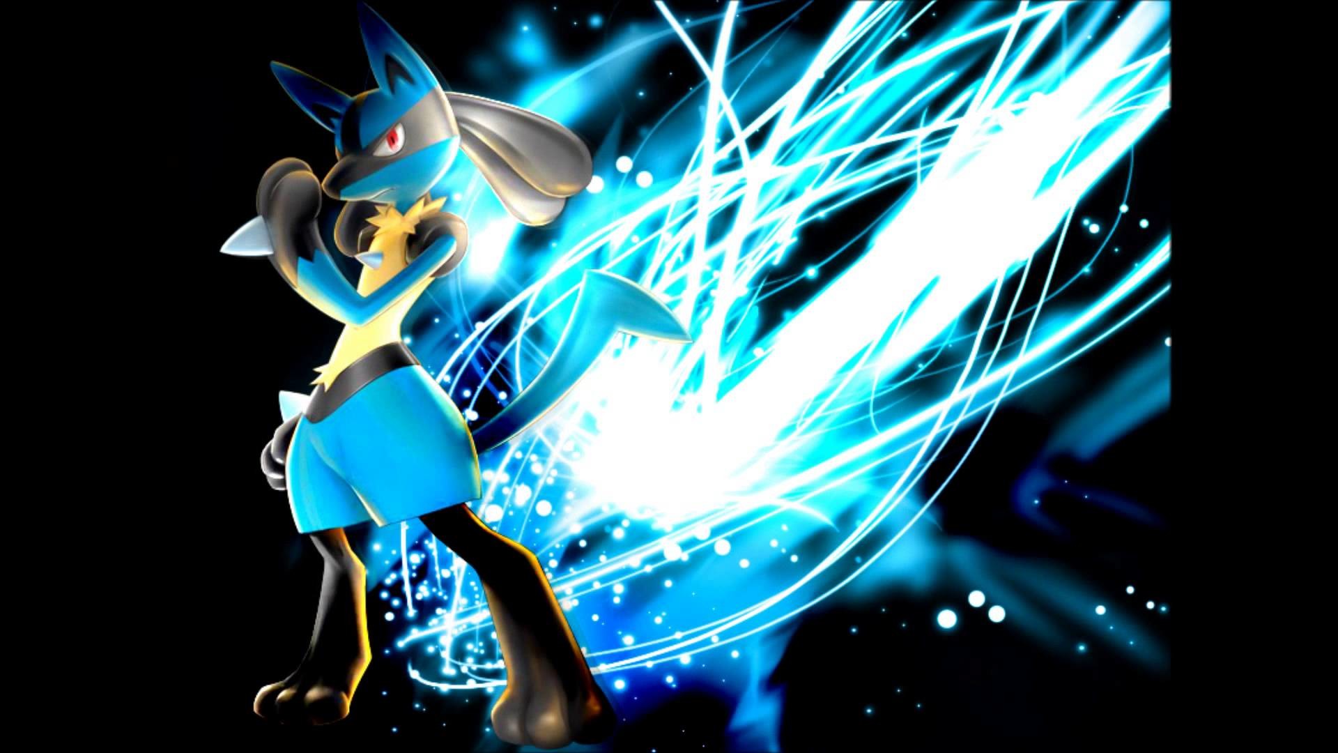 Lucario Pokemon Wallpaper: A dynamic digital artwork featuring Lucario, the Aura Pokemon, in a battle-ready stance amidst a backdrop of swirling blue energy