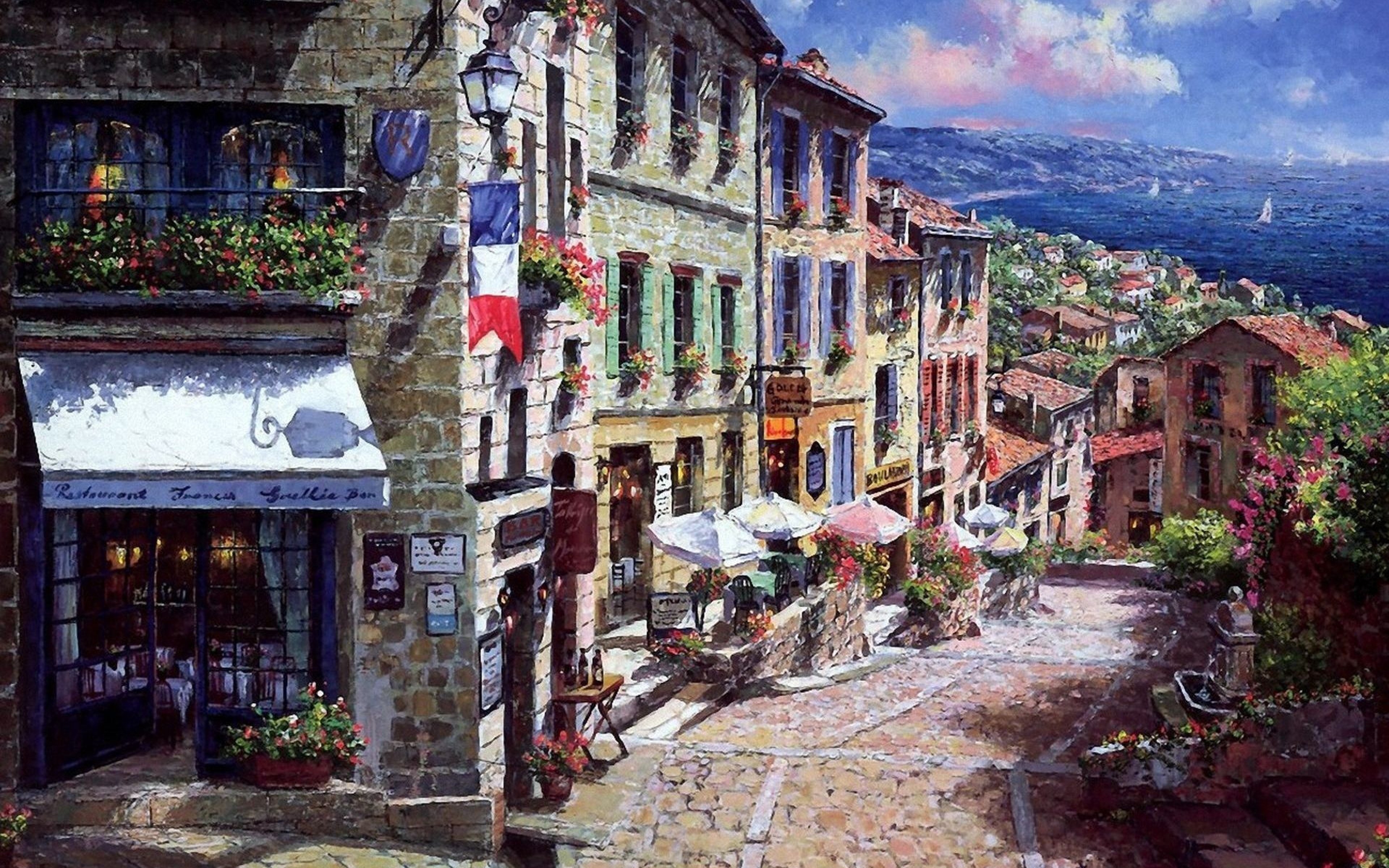 3840X2400 Wallpaper Painting France Town Street Sea Sailing Boats