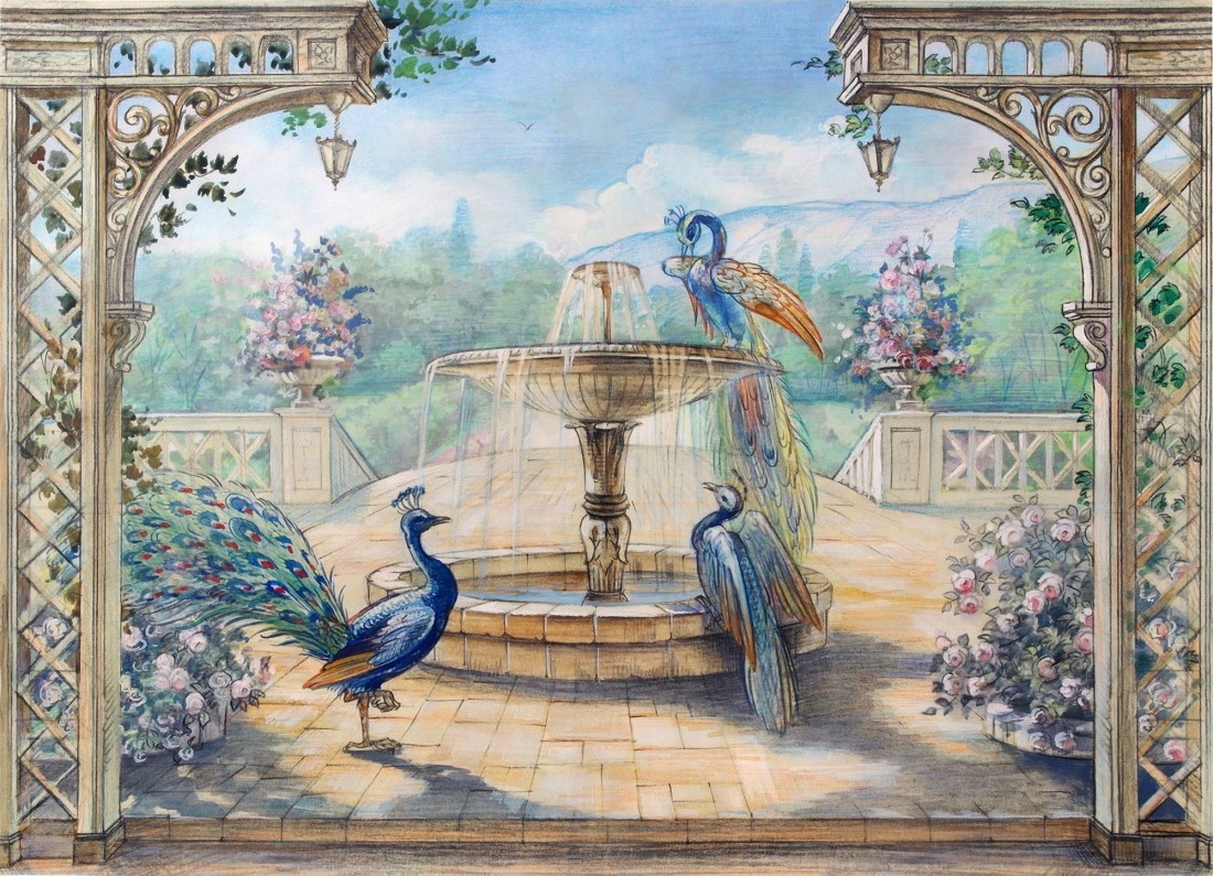 Free Download Painting Garden With Fountain Peacock And Roman Column Wallpaper X For