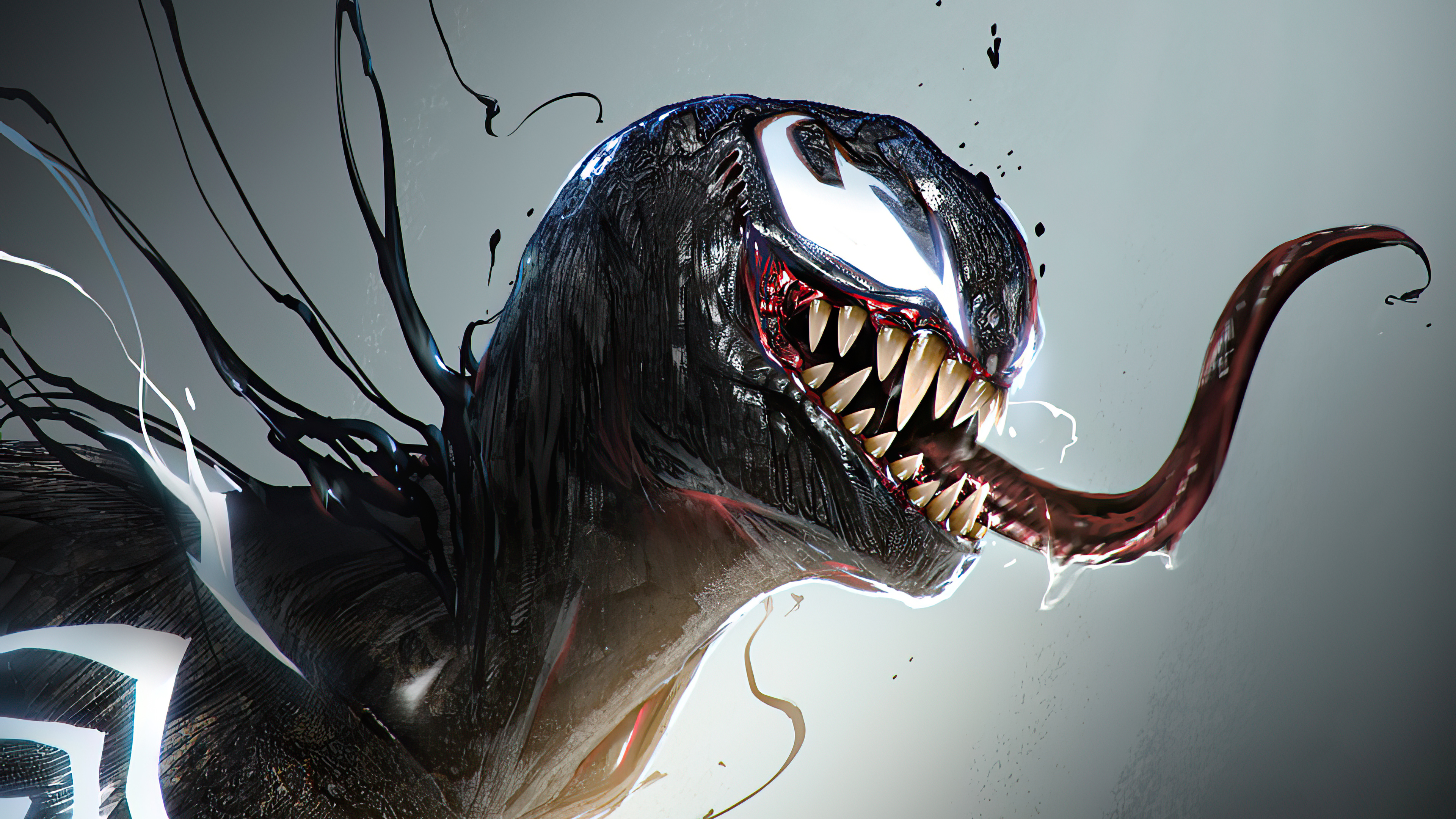 Close-up of Venom's head with sharp teeth and long tongue, tendrils of symbiote swirling around him. Grey backdrop