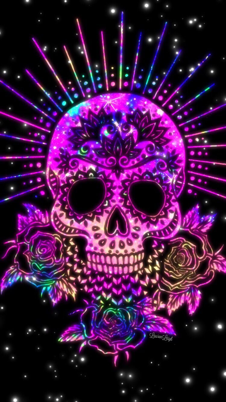 Sugar skulls neon pattern pink purple rose skull HD phone wallpaper   Peakpx