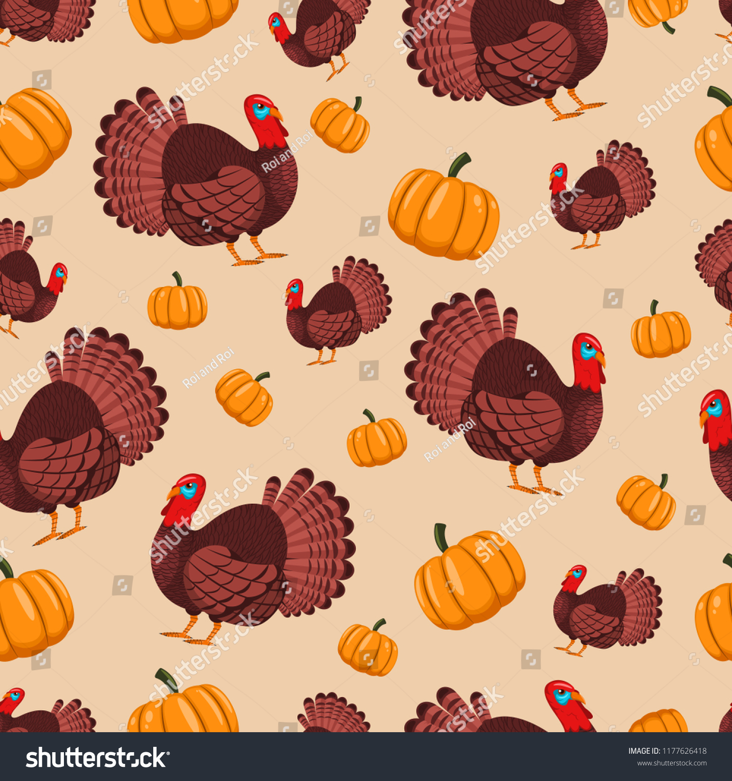 Turkey Bird Pumpkin Vector Seamless Pattern Stock Royalty