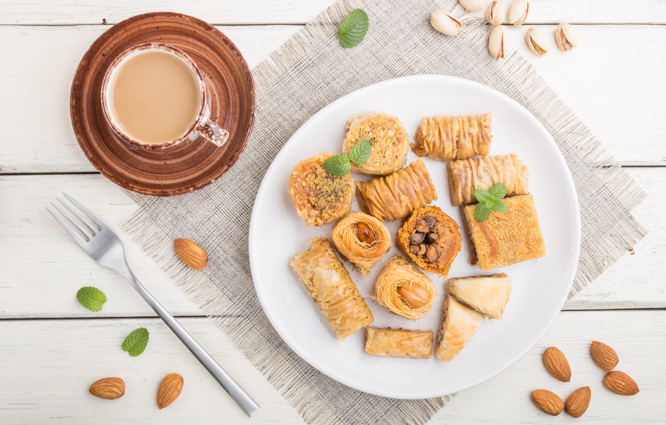Wallpaper Coffee Plate Cup Sweets Nuts Baklava Image For