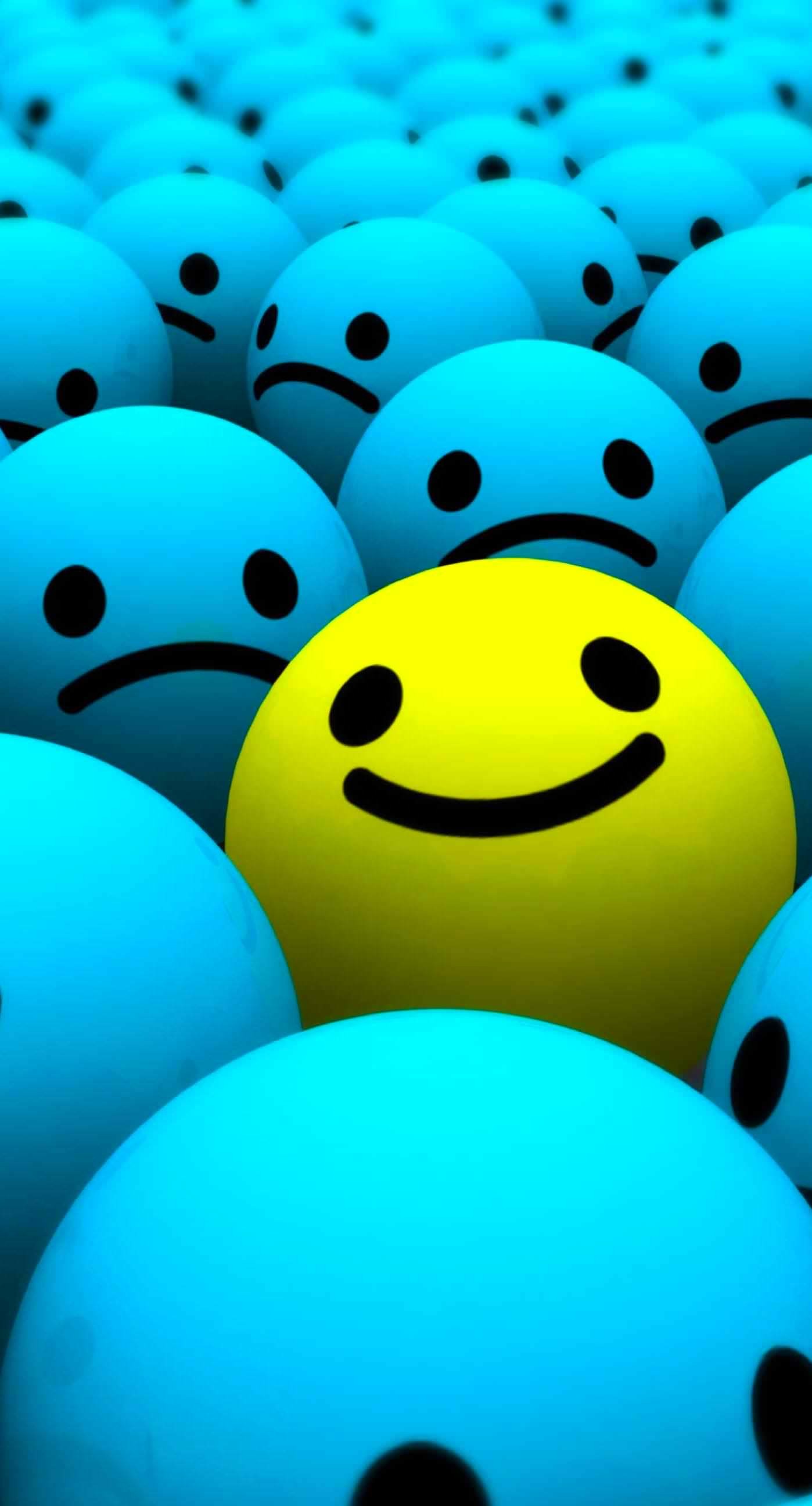 A single yellow happy face stands out among a crowd of sad blue faces, symbolizing optimism, individuality, and positivity