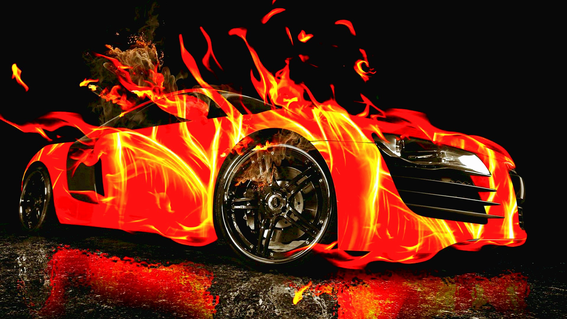 A fiery sports car with flames engulfing its body against a black background. This image represents speed, power, and a thrilling driving experience