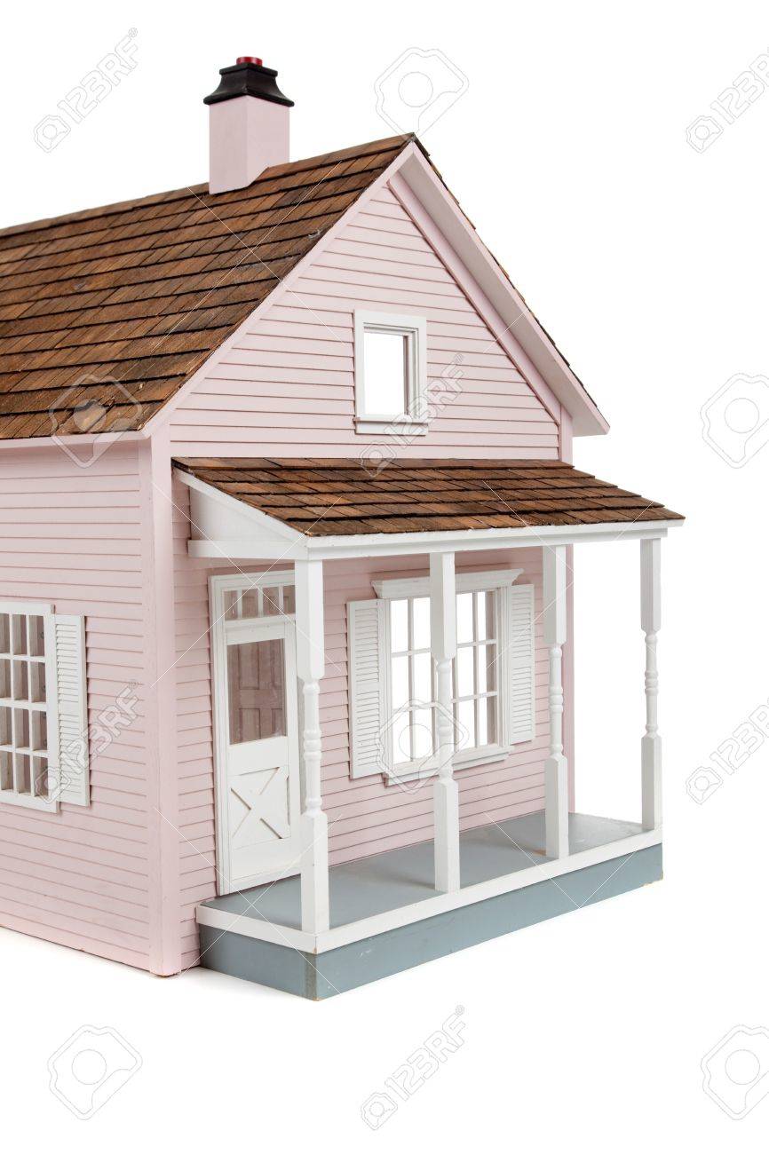 A Pink Wooden Dollhouse On White Background Stock Photo Picture
