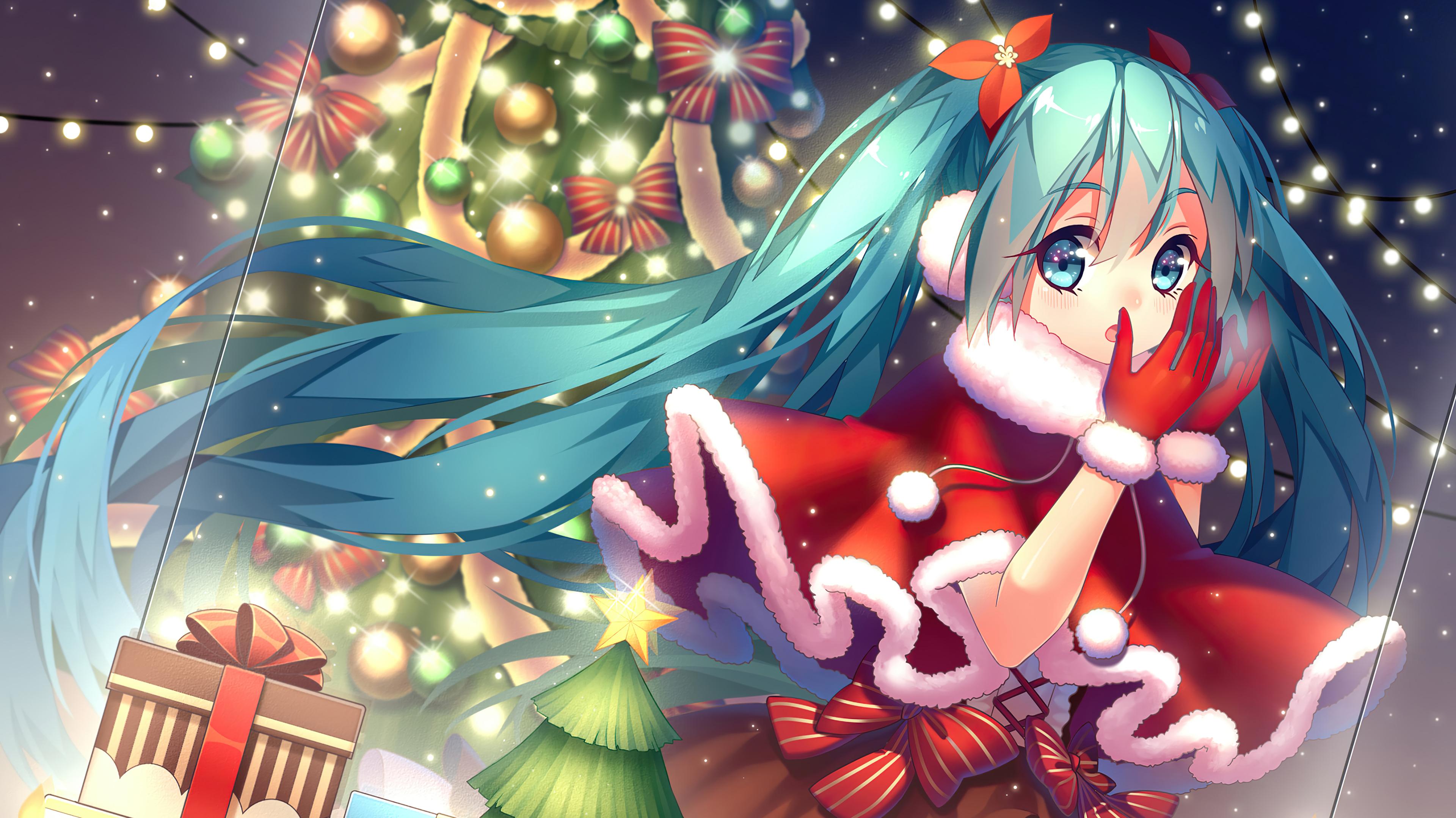 Christmas Tree Gifts Anime Santa Girl Hatsune Miku 4k Wallpaper