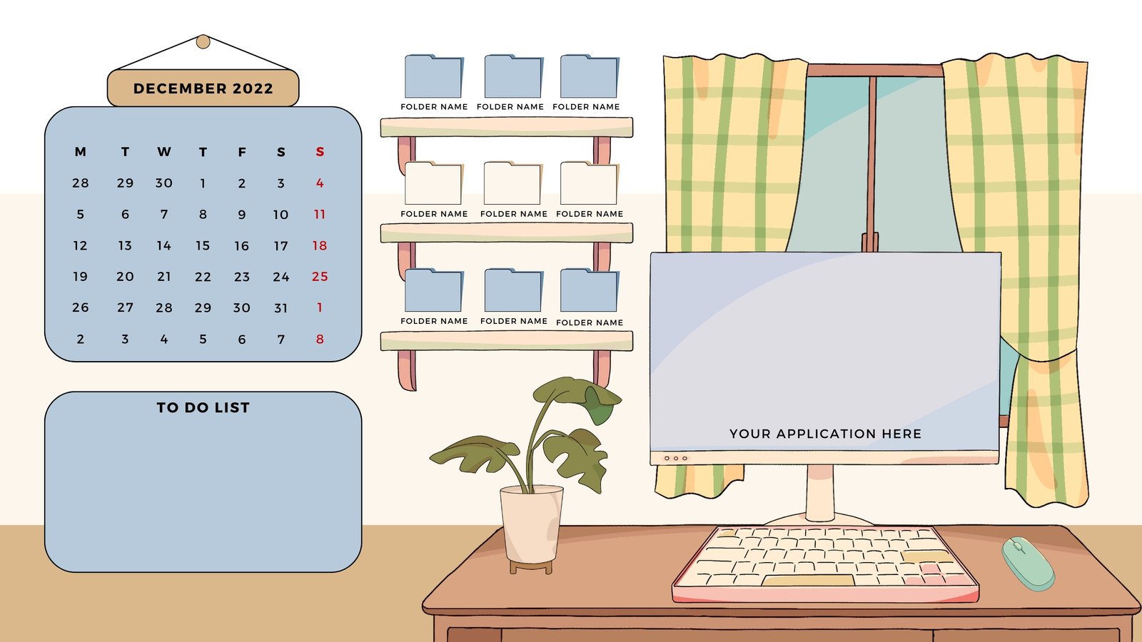 A cozy desktop wallpaper with a December 2022 calendar, to-do list, shelves with folders, a computer monitor, keyboard, mouse, and a potted plant