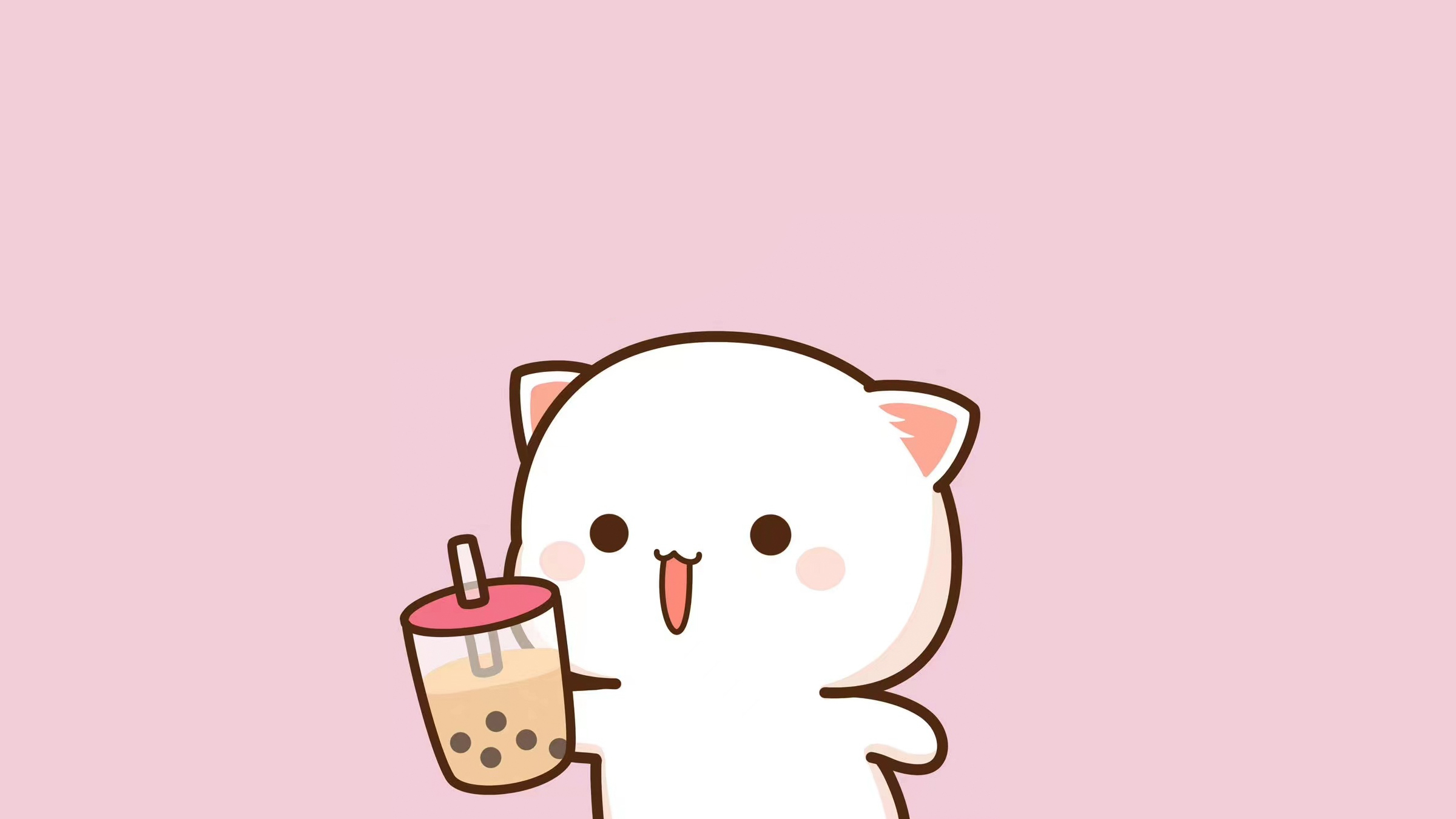 Adorable white cat enjoying a boba drink, perfect for a preppy boba wallpaper