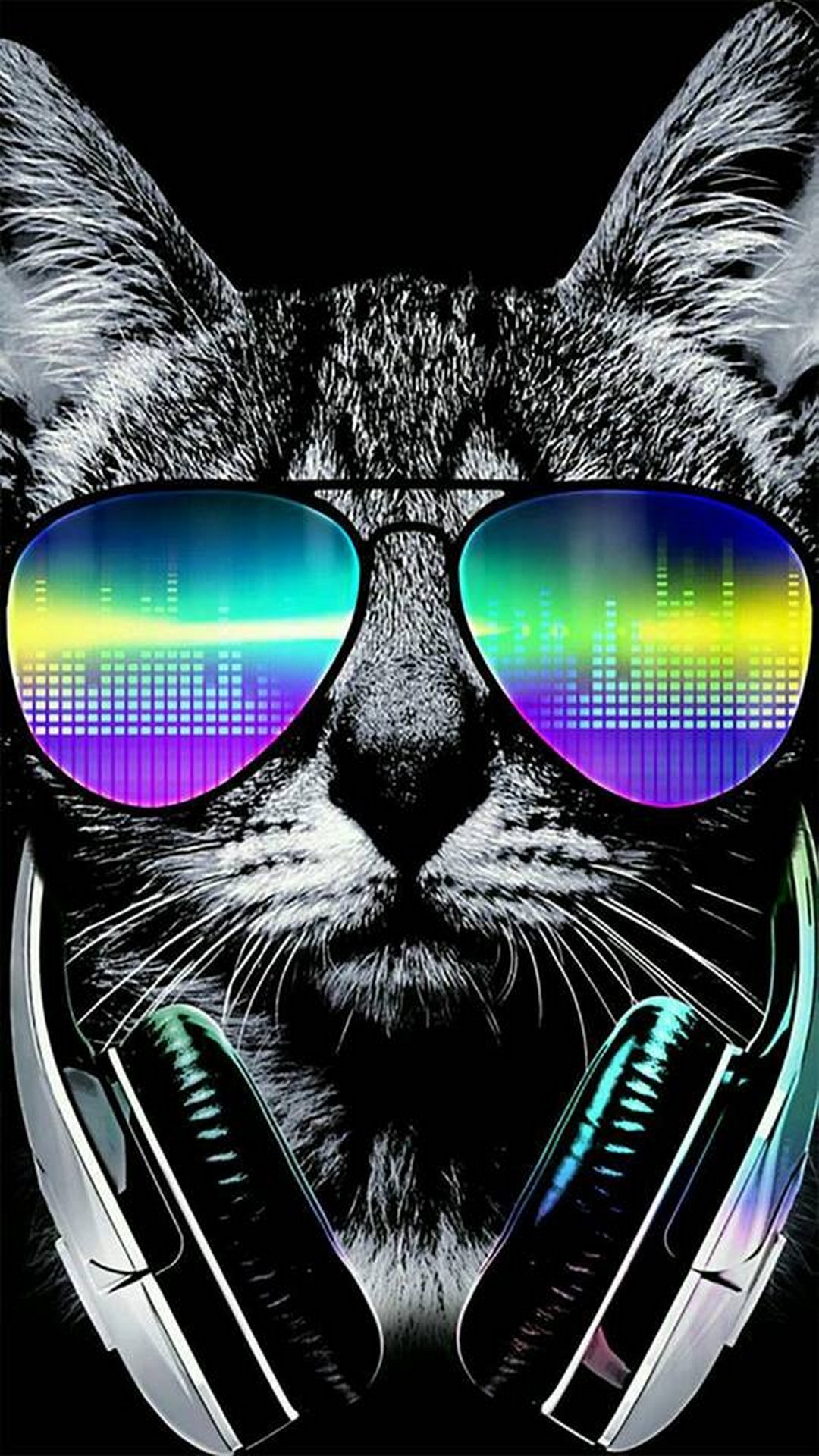 Cool cat with headphones and equalizer sunglasses phone wallpaper