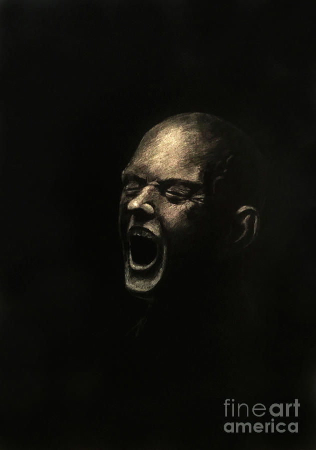 Screaming Man Head Drawing Black Background By Jolanta