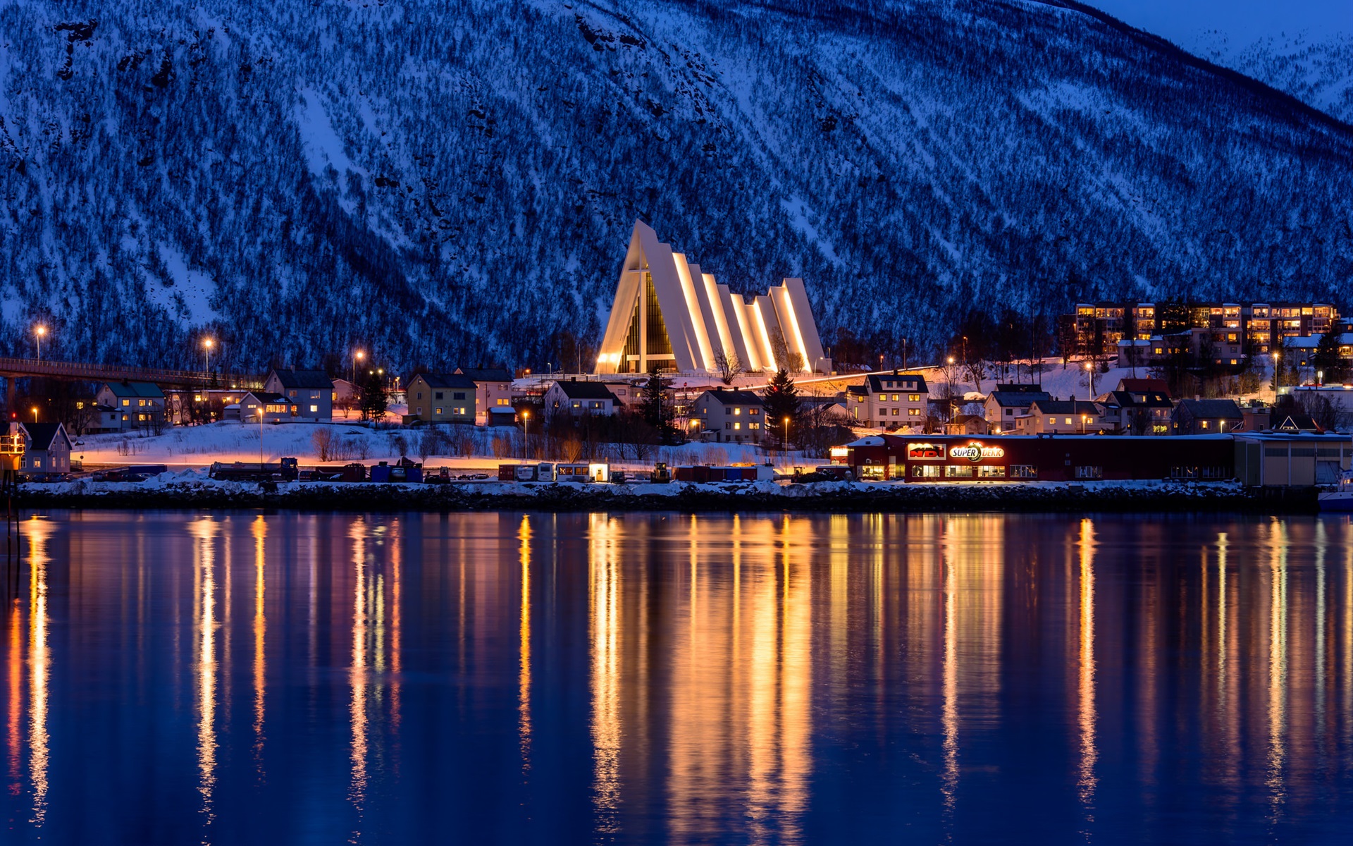 Wallpaper Tromso Norway Winter City Sea Mountain Night