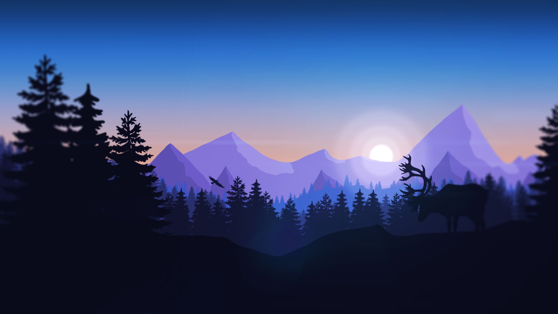 Minimalist HD wallpaper of a serene mountain landscape at sunset with a silhouette of a deer and birds, featuring purple and blue hues