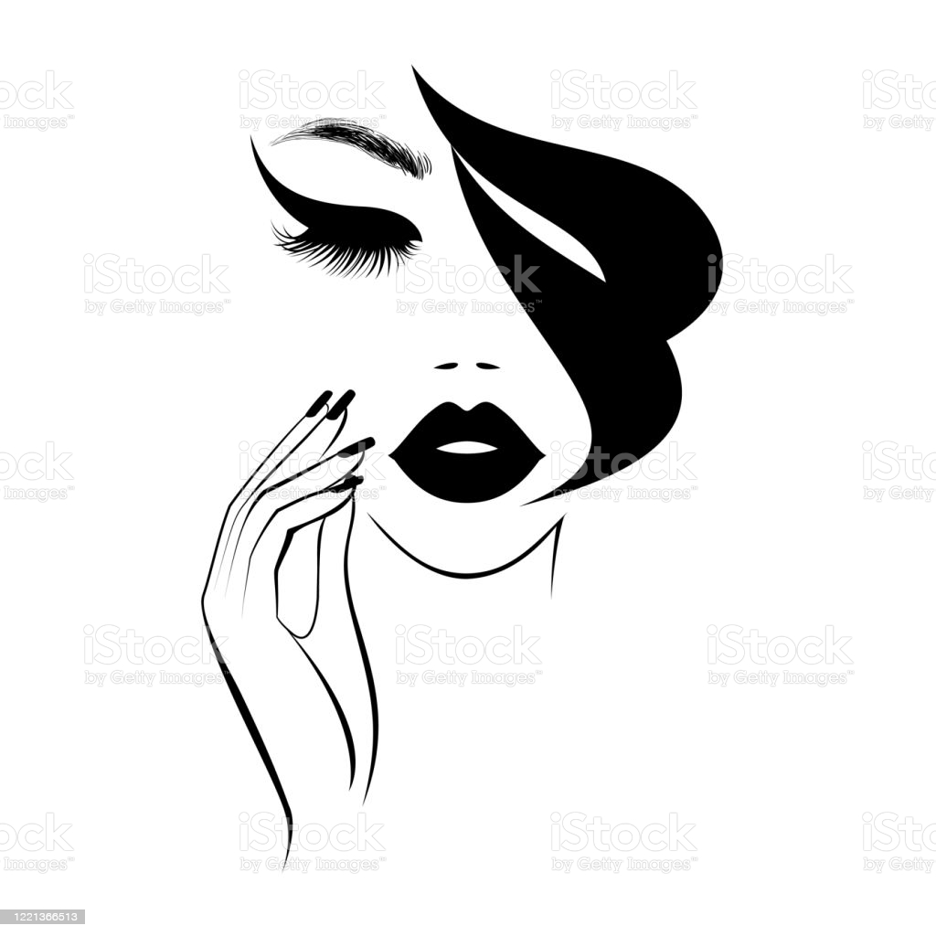 Beautiful Woman Face With Black Lips Lush Eyelashes Hand