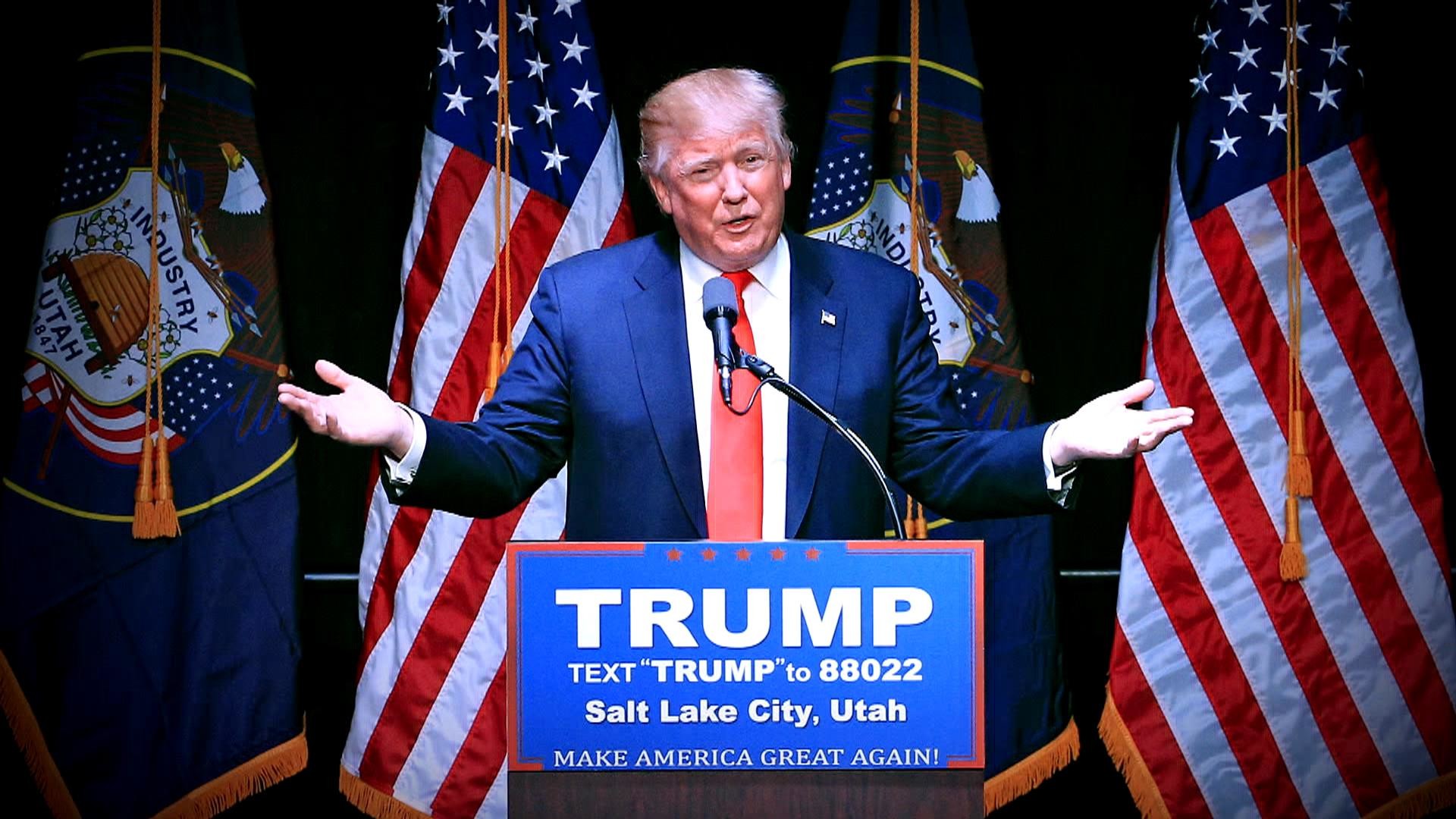 Donald Trump speaking at a Republican Party rally in Salt Lake City, Utah
