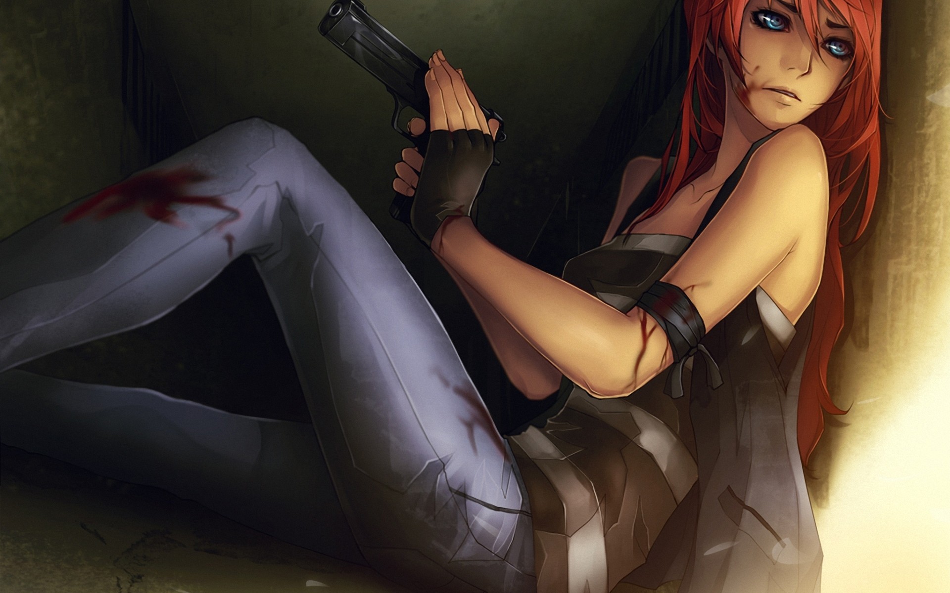 Women Eyes Guns Blood Redheads Weapons Artwork Drawings Anime