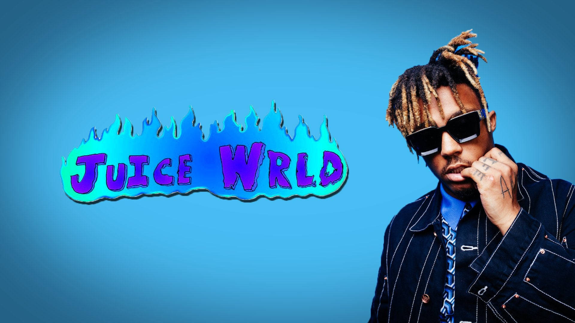 Juice WRLD 4k Wallpaper: A close-up portrait of the late rapper against a vibrant blue backdrop, with his name stylized in flames