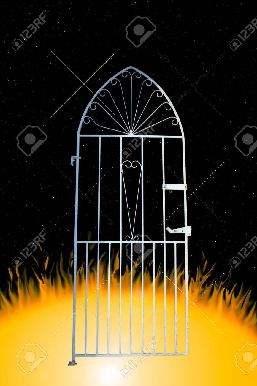 A White Wrought Iron Gate Against Flaming Background Depicting