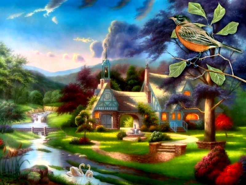 Description Bird Cottage Summer Wallpaper